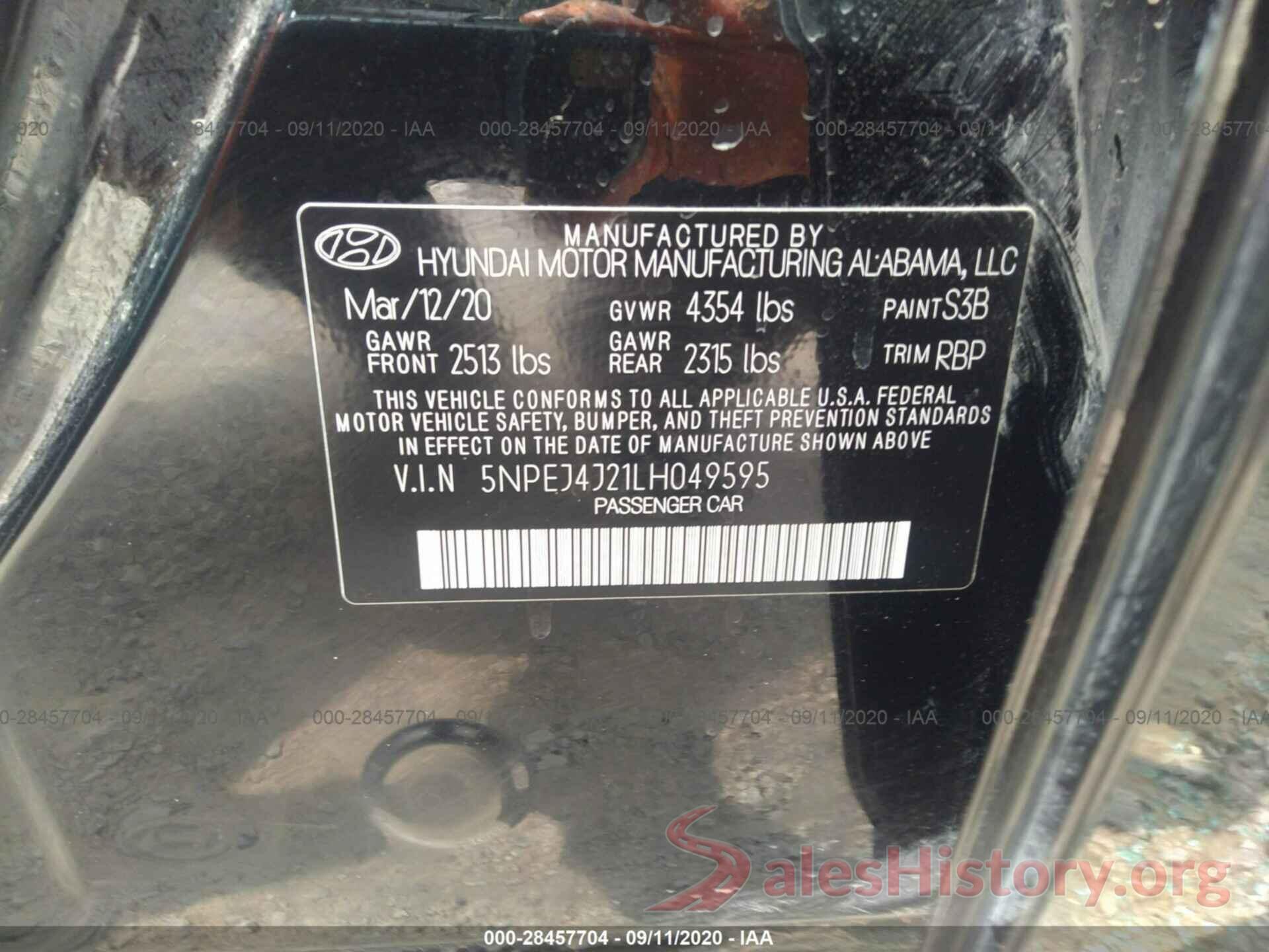 5NPEJ4J21LH049595 2020 HYUNDAI SONATA