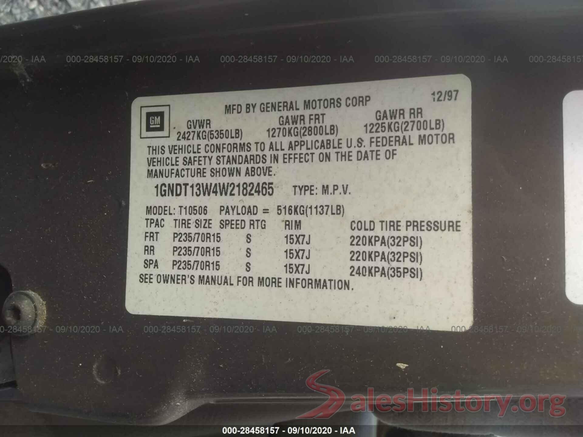 1GNDT13W4W2182465 1998 CHEVROLET BLAZER