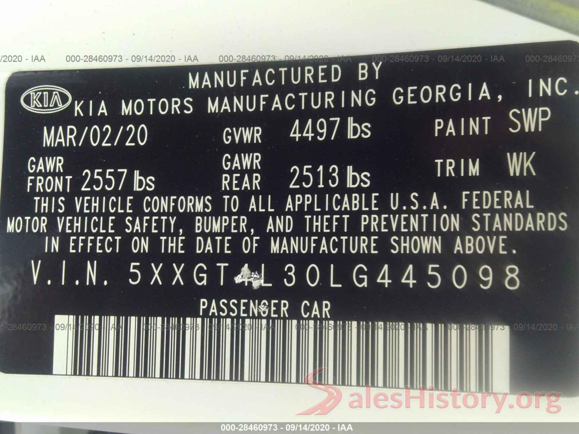 5XXGT4L30LG445098 2020 KIA OPTIMA