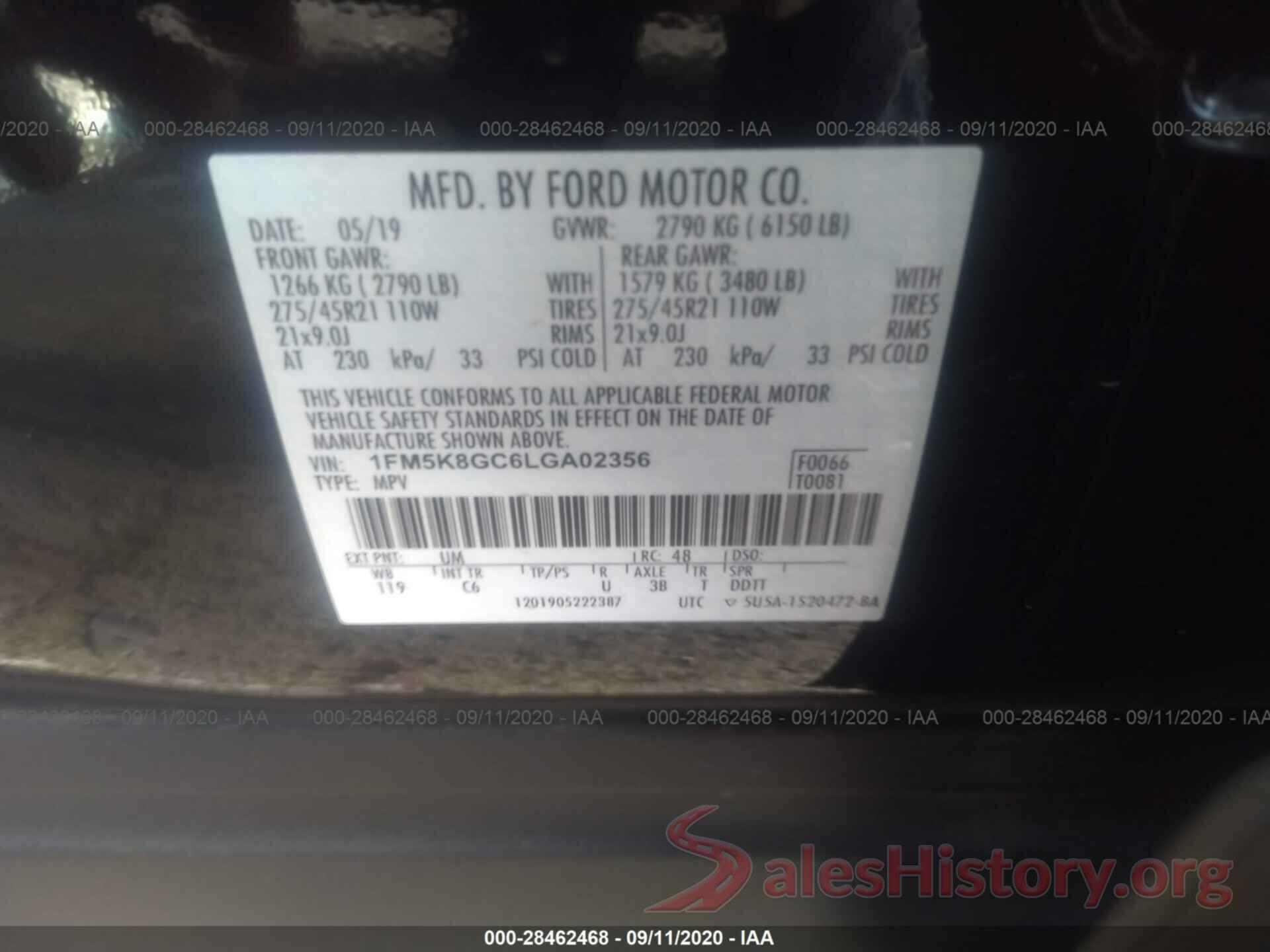 1FM5K8GC6LGA02356 2020 FORD EXPLORER