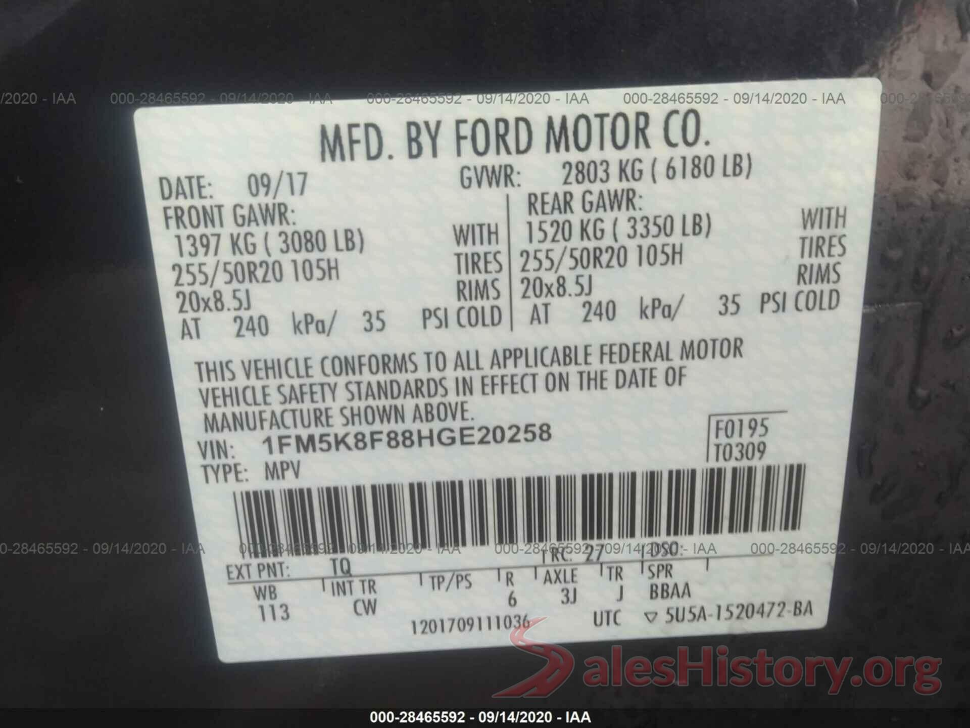 1FM5K8F88HGE20258 2017 FORD EXPLORER