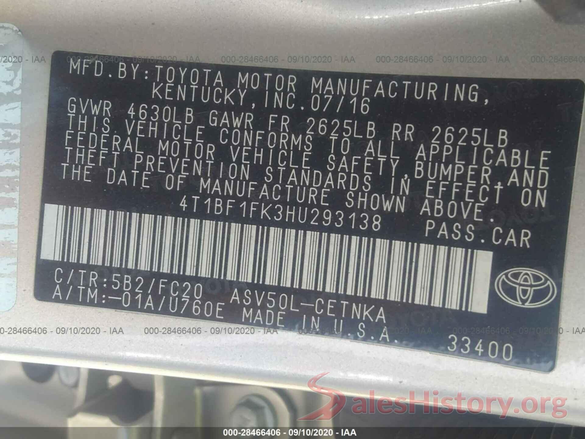 4T1BF1FK3HU293138 2017 TOYOTA CAMRY