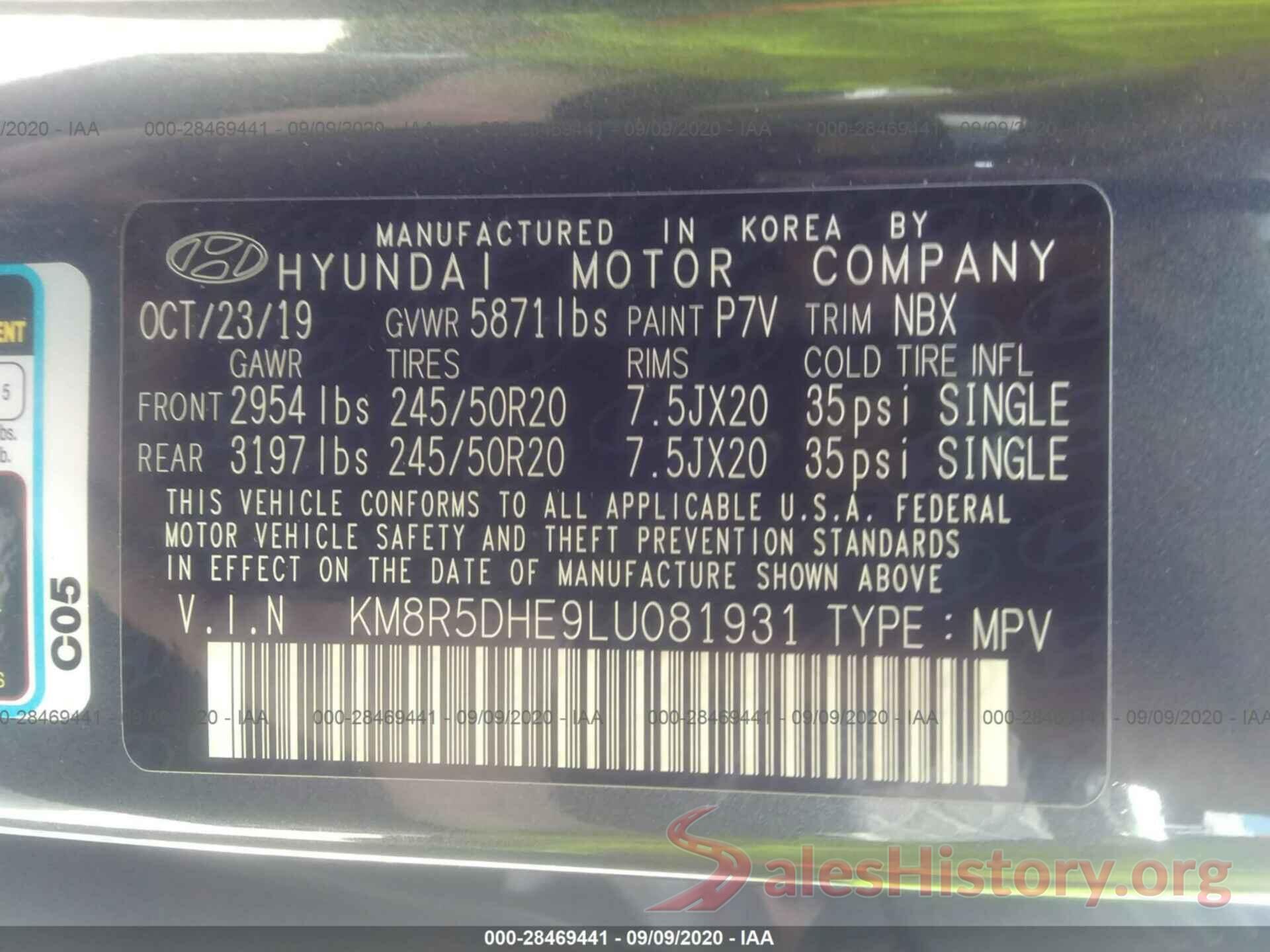 KM8R5DHE9LU081931 2020 HYUNDAI PALISADE