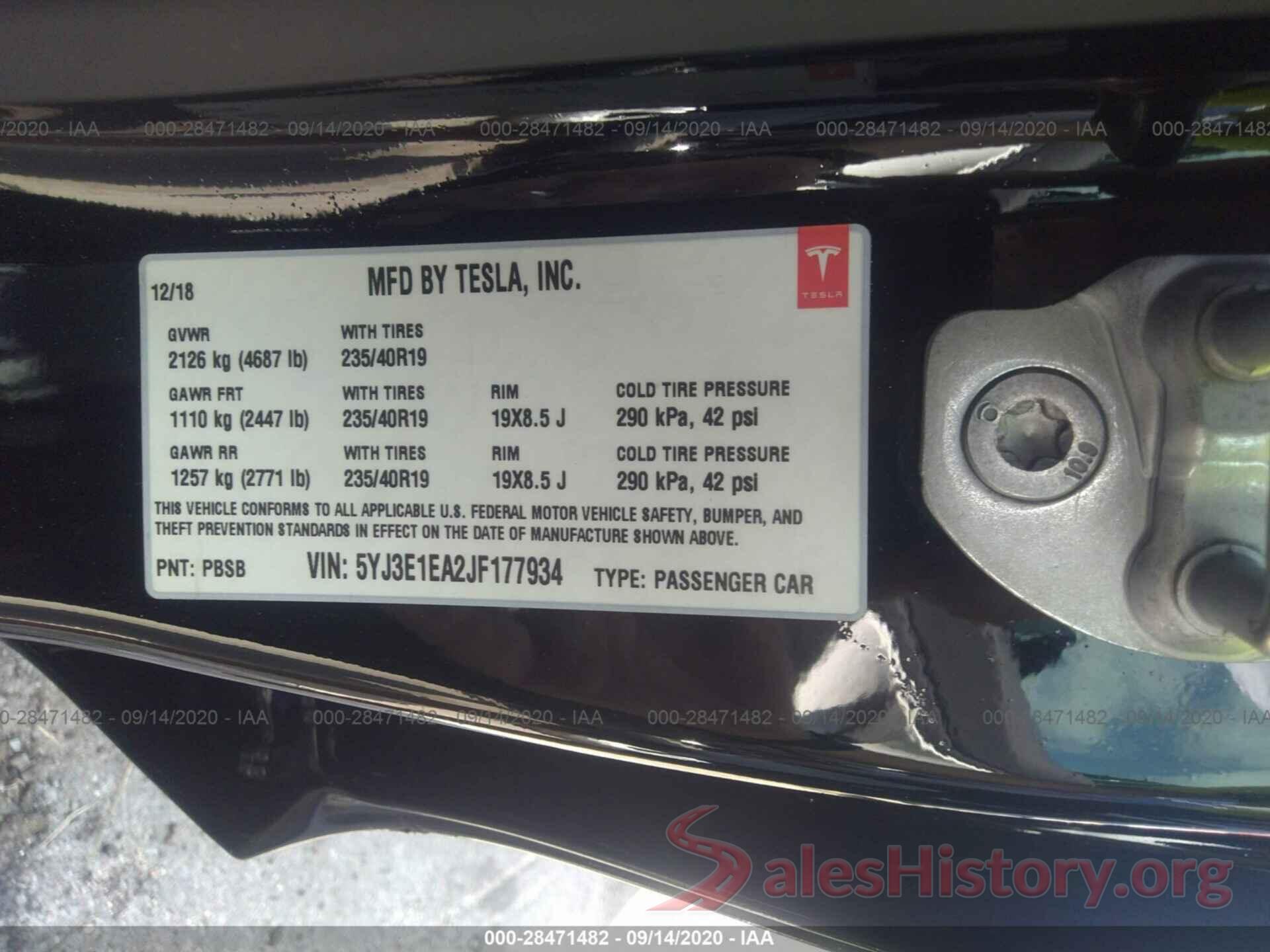 5YJ3E1EA2JF177934 2018 TESLA MODEL 3