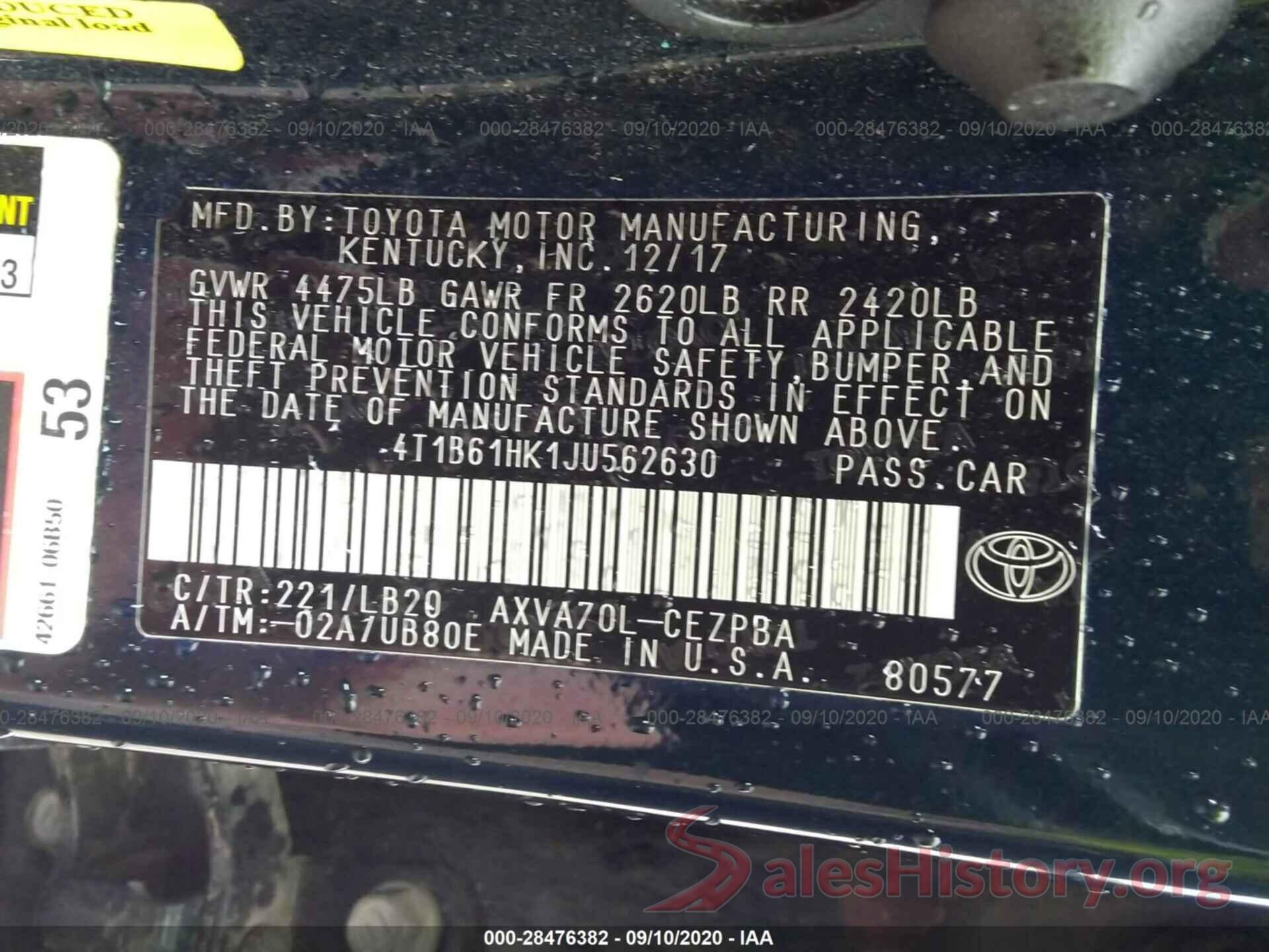 4T1B61HK1JU562630 2018 TOYOTA CAMRY