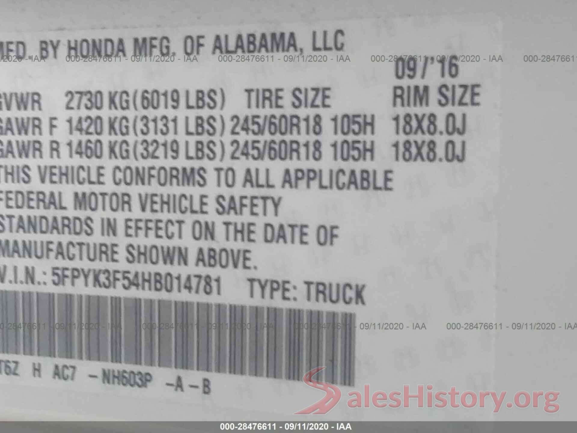 5FPYK3F54HB014781 2017 HONDA RIDGELINE