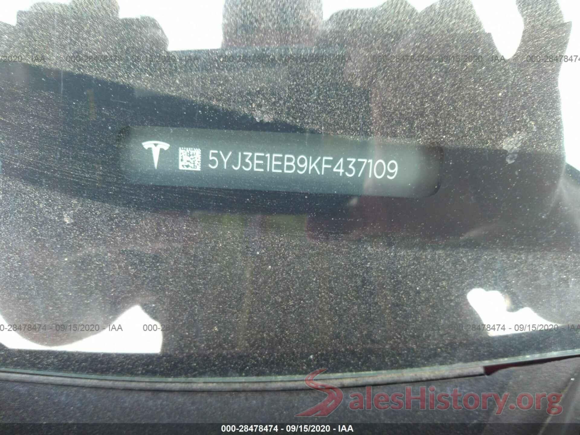 5YJ3E1EB9KF437109 2019 TESLA MODEL 3