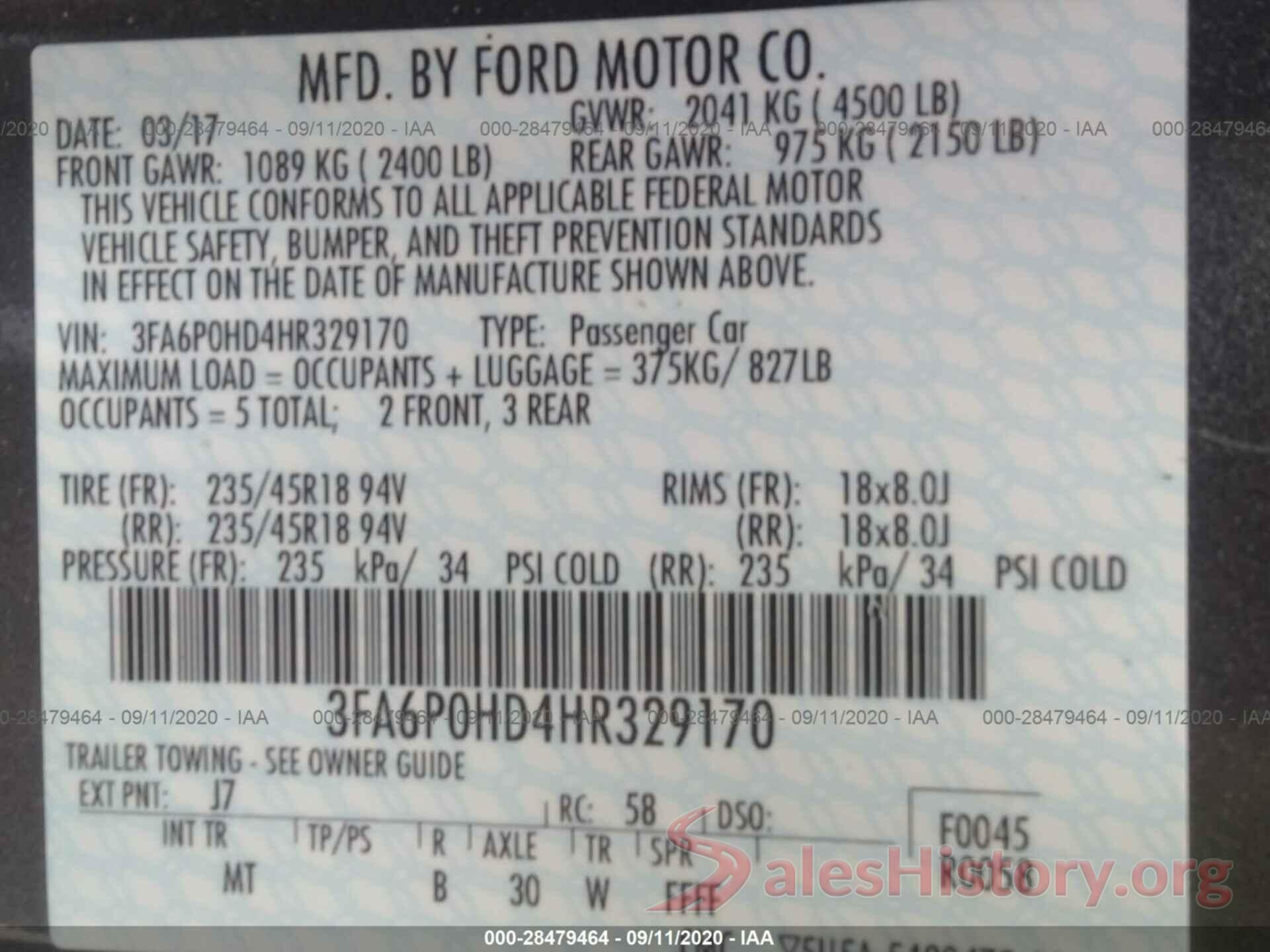 3FA6P0HD4HR329170 2017 FORD FUSION