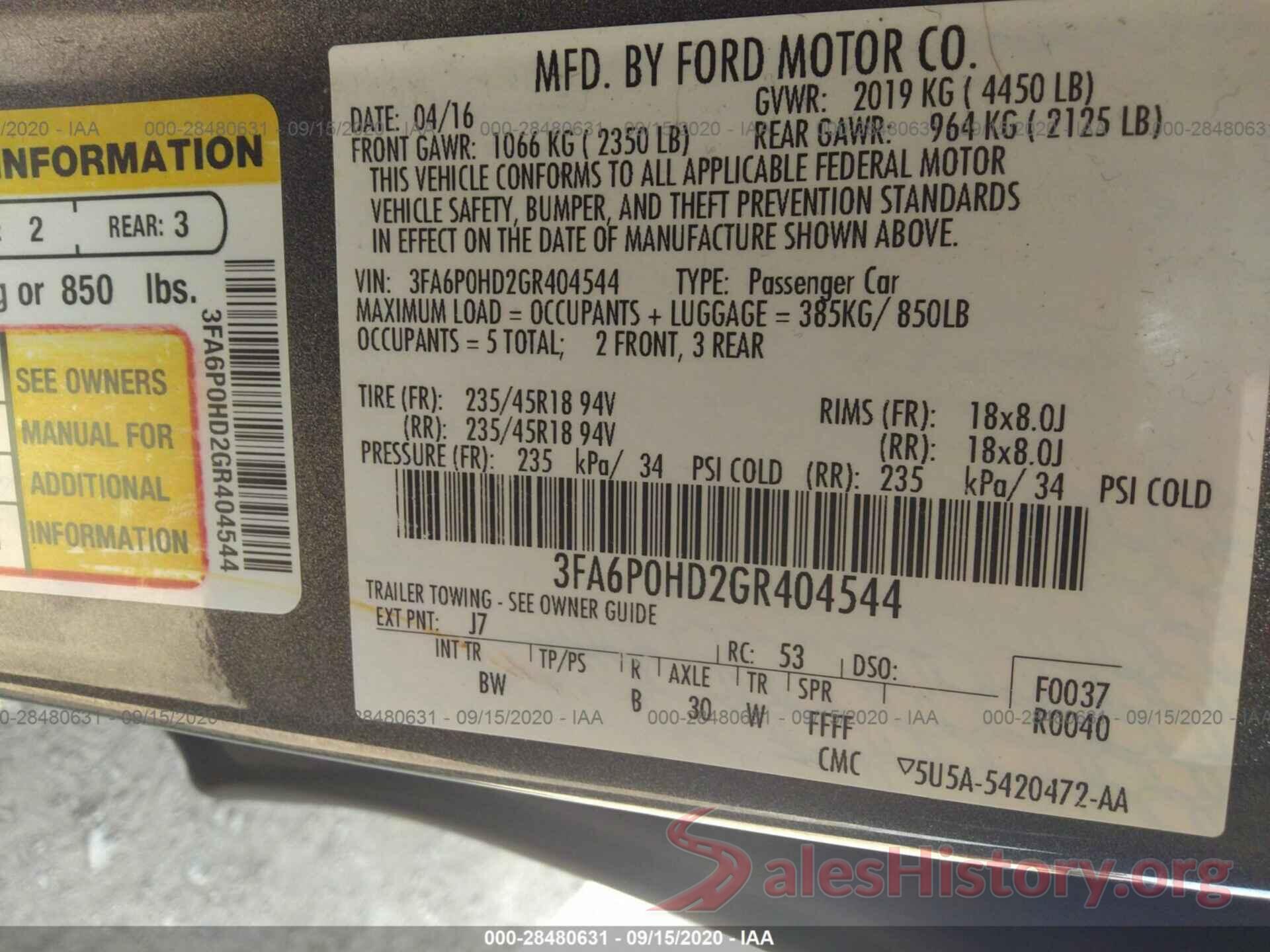 3FA6P0HD2GR404544 2016 FORD FUSION