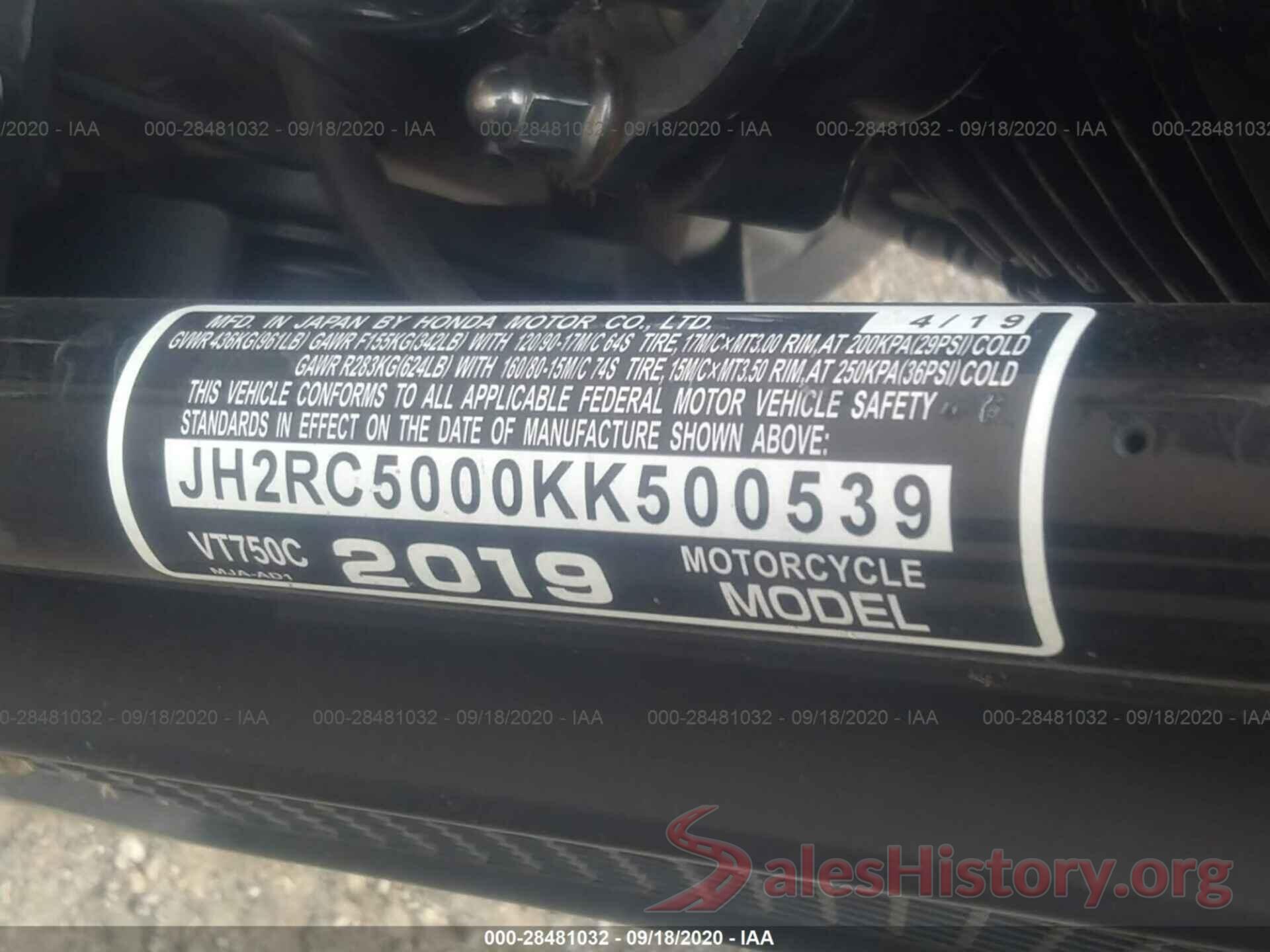 JH2RC5000KK500539 2019 HONDA VT750