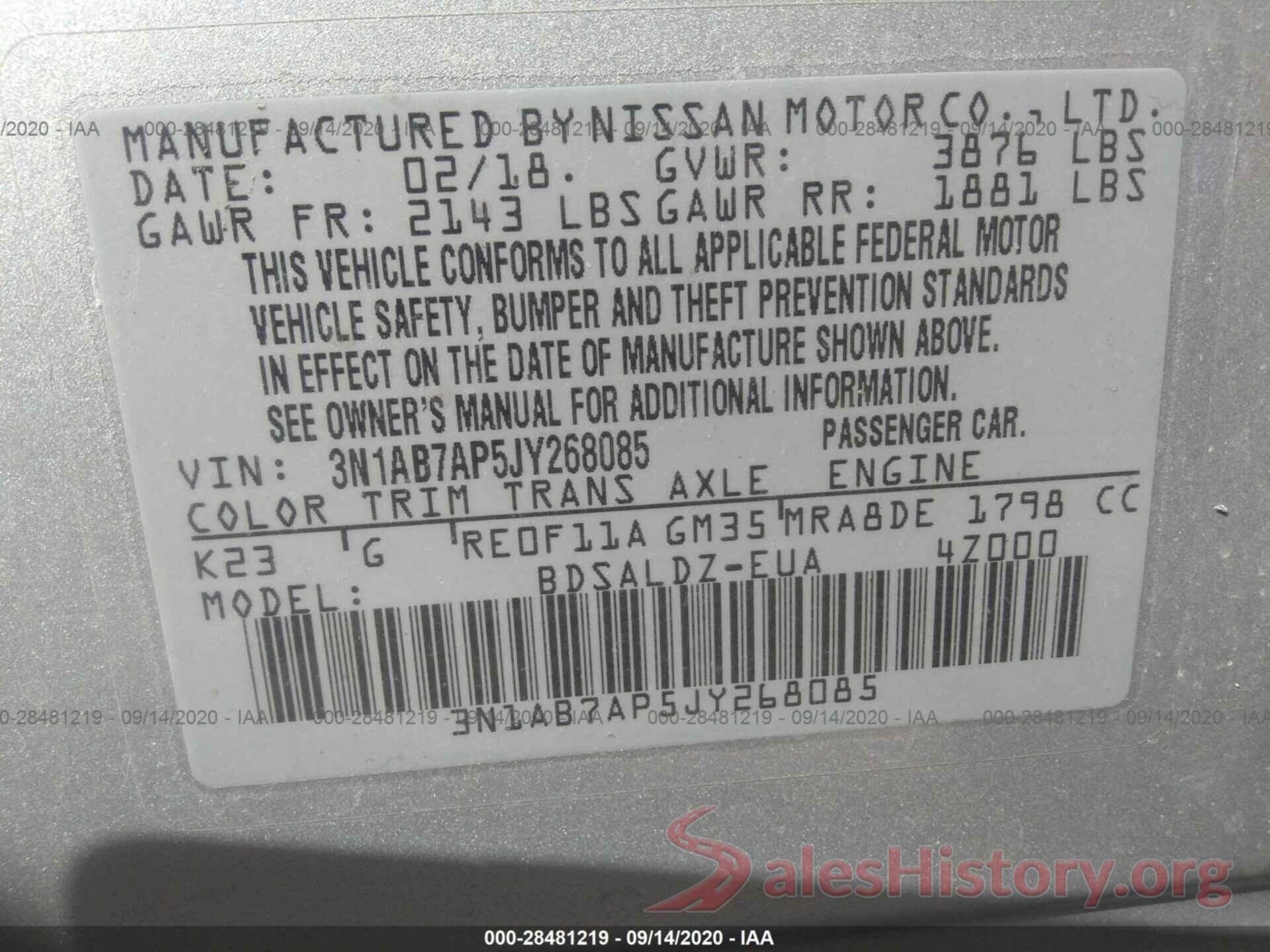 3N1AB7AP5JY268085 2018 NISSAN SENTRA