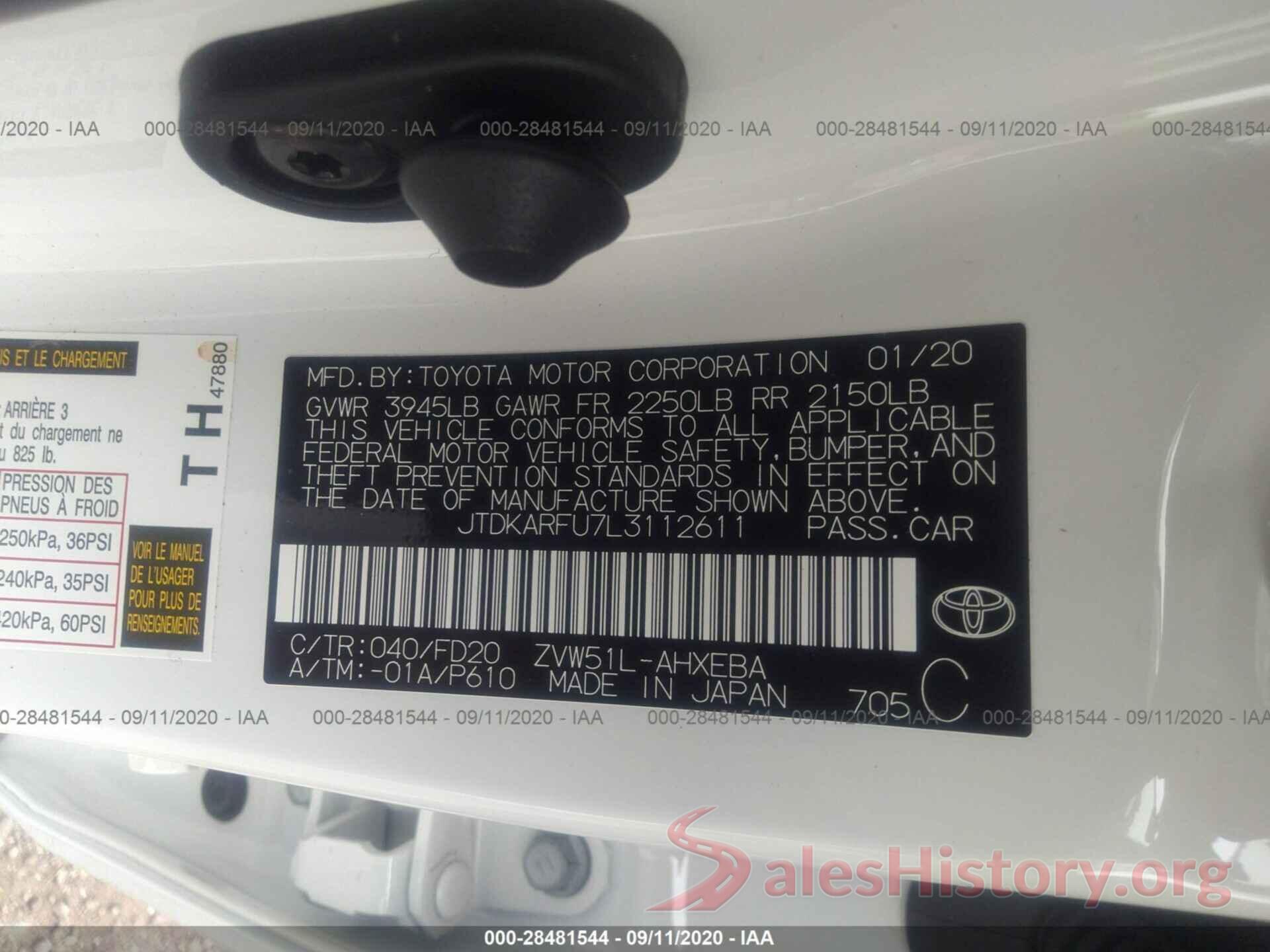 JTDKARFU7L3112611 2020 TOYOTA PRIUS