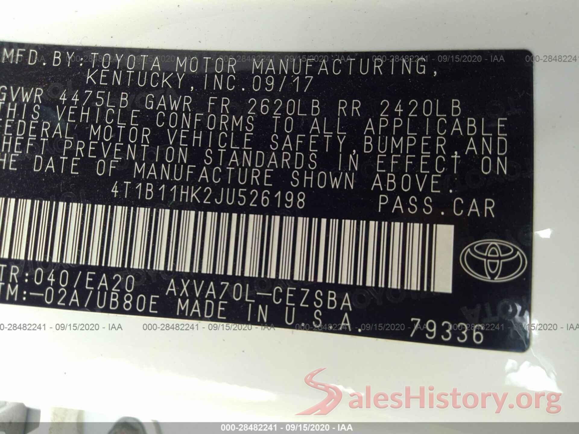 4T1B11HK2JU526198 2018 TOYOTA CAMRY