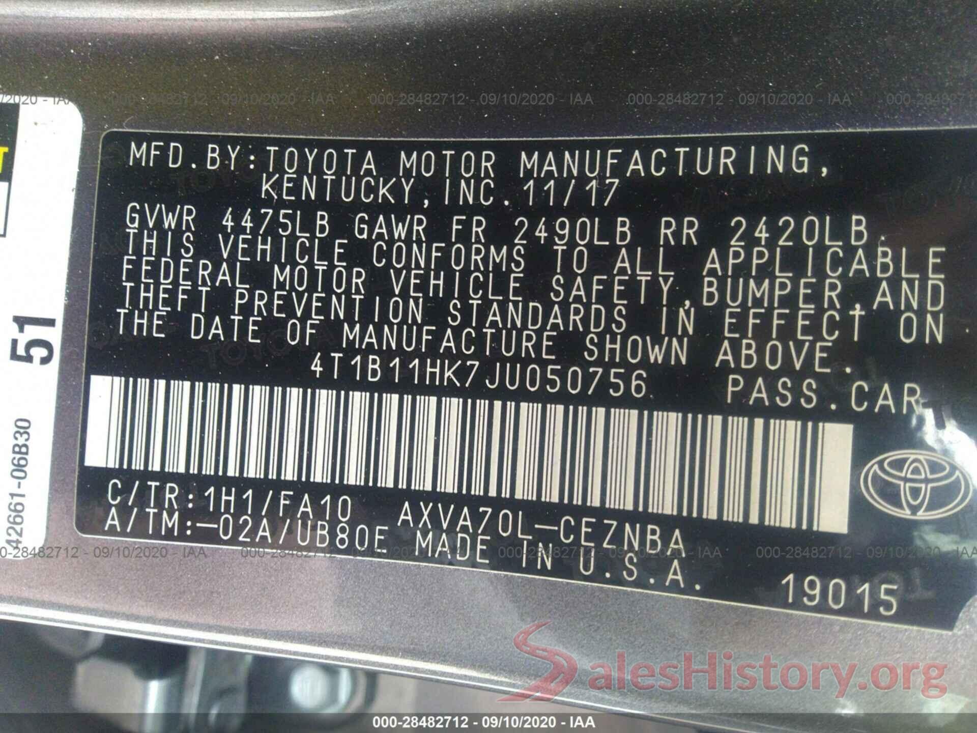 4T1B11HK7JU050756 2018 TOYOTA CAMRY