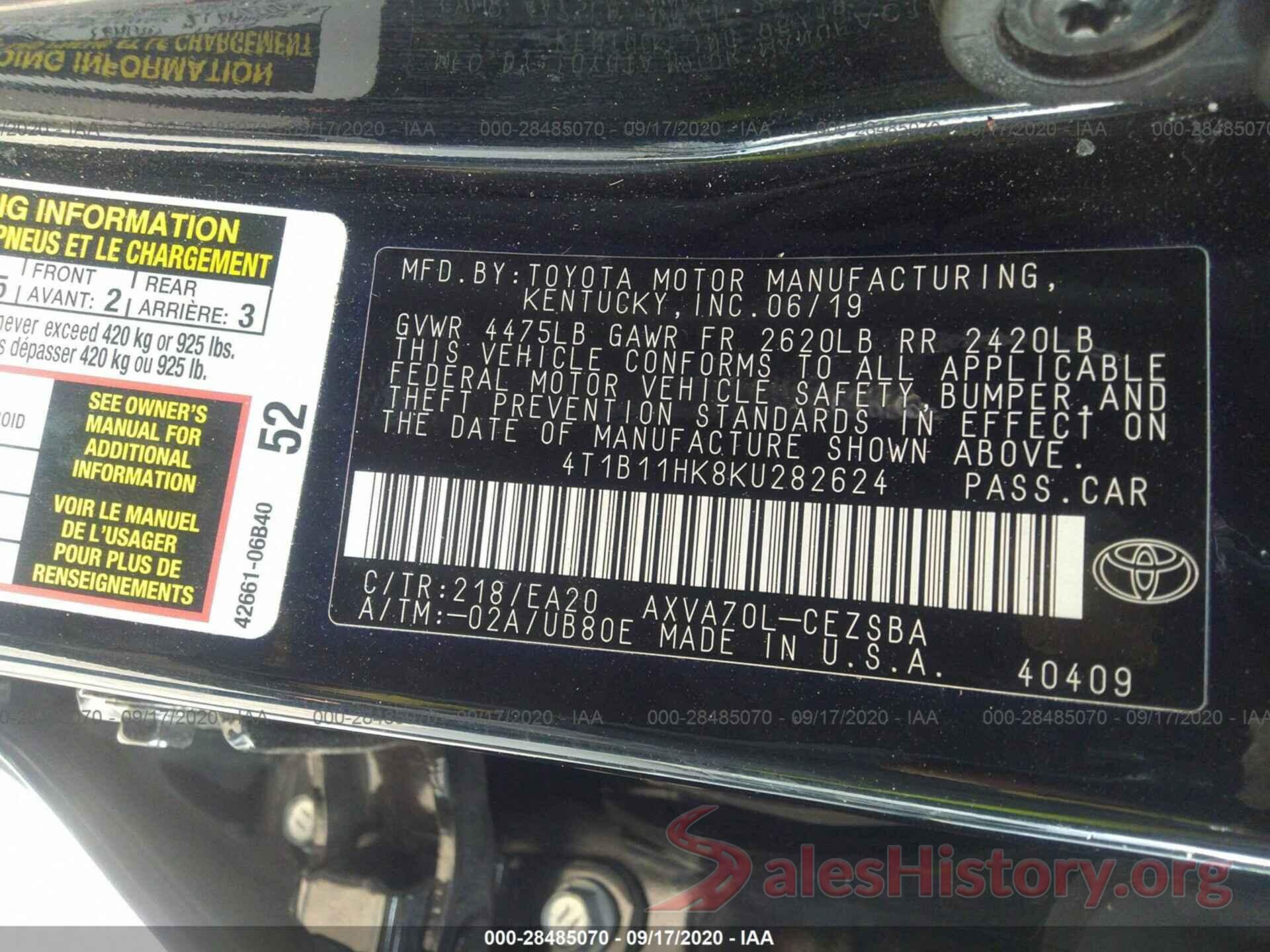 4T1B11HK8KU282624 2019 TOYOTA CAMRY