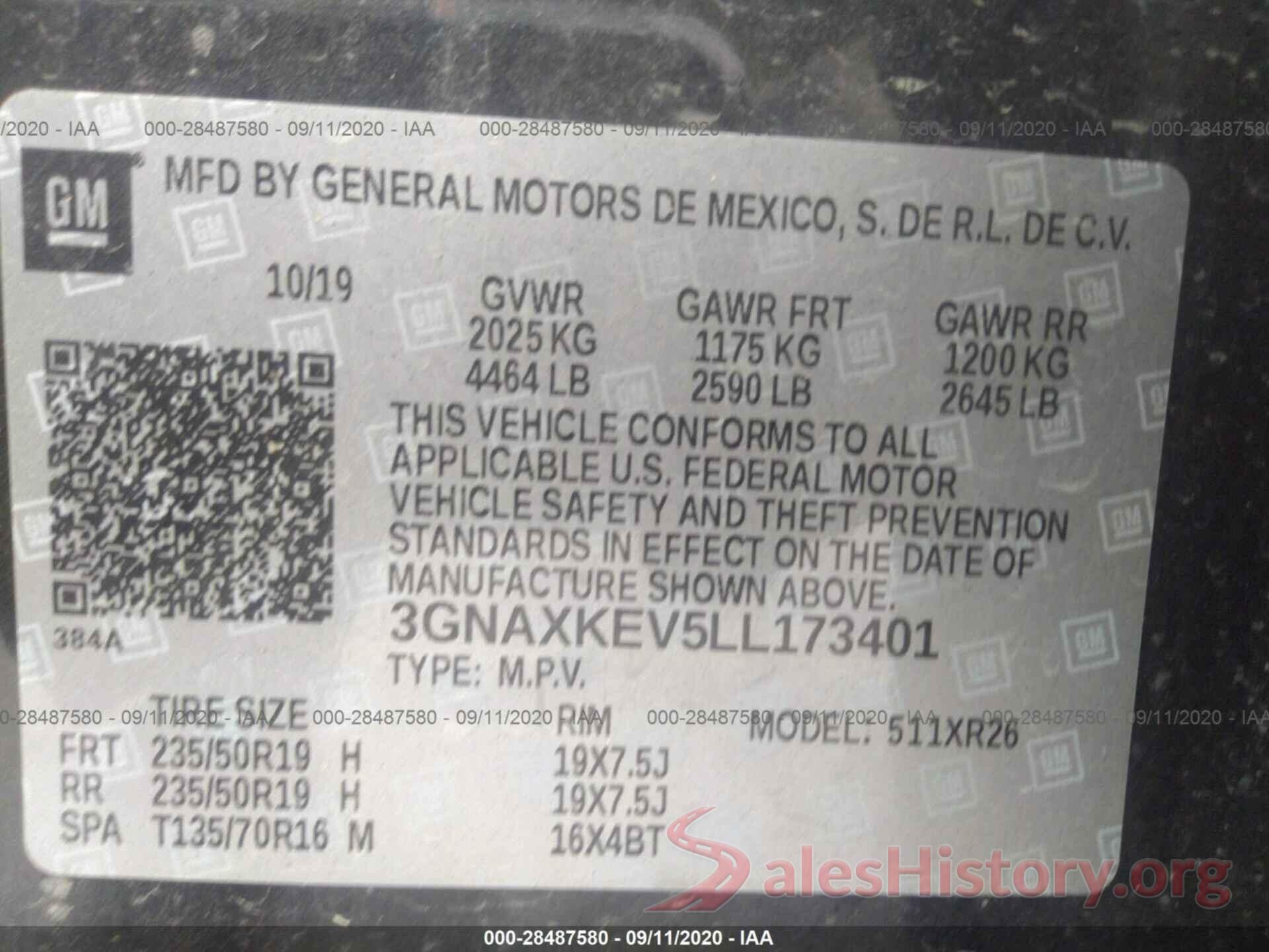 3GNAXKEV5LL173401 2020 CHEVROLET EQUINOX