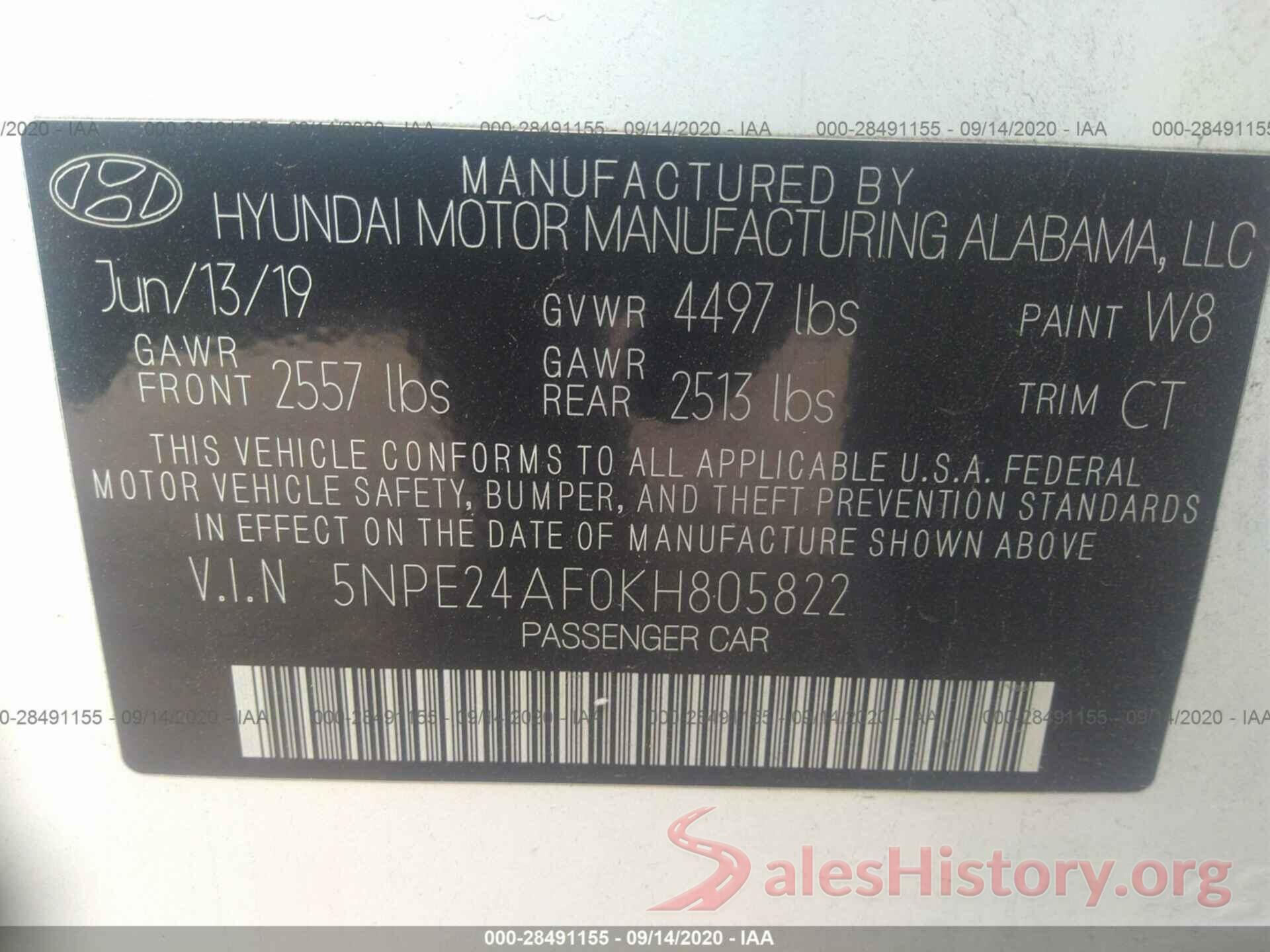 5NPE24AF0KH805822 2019 HYUNDAI SONATA