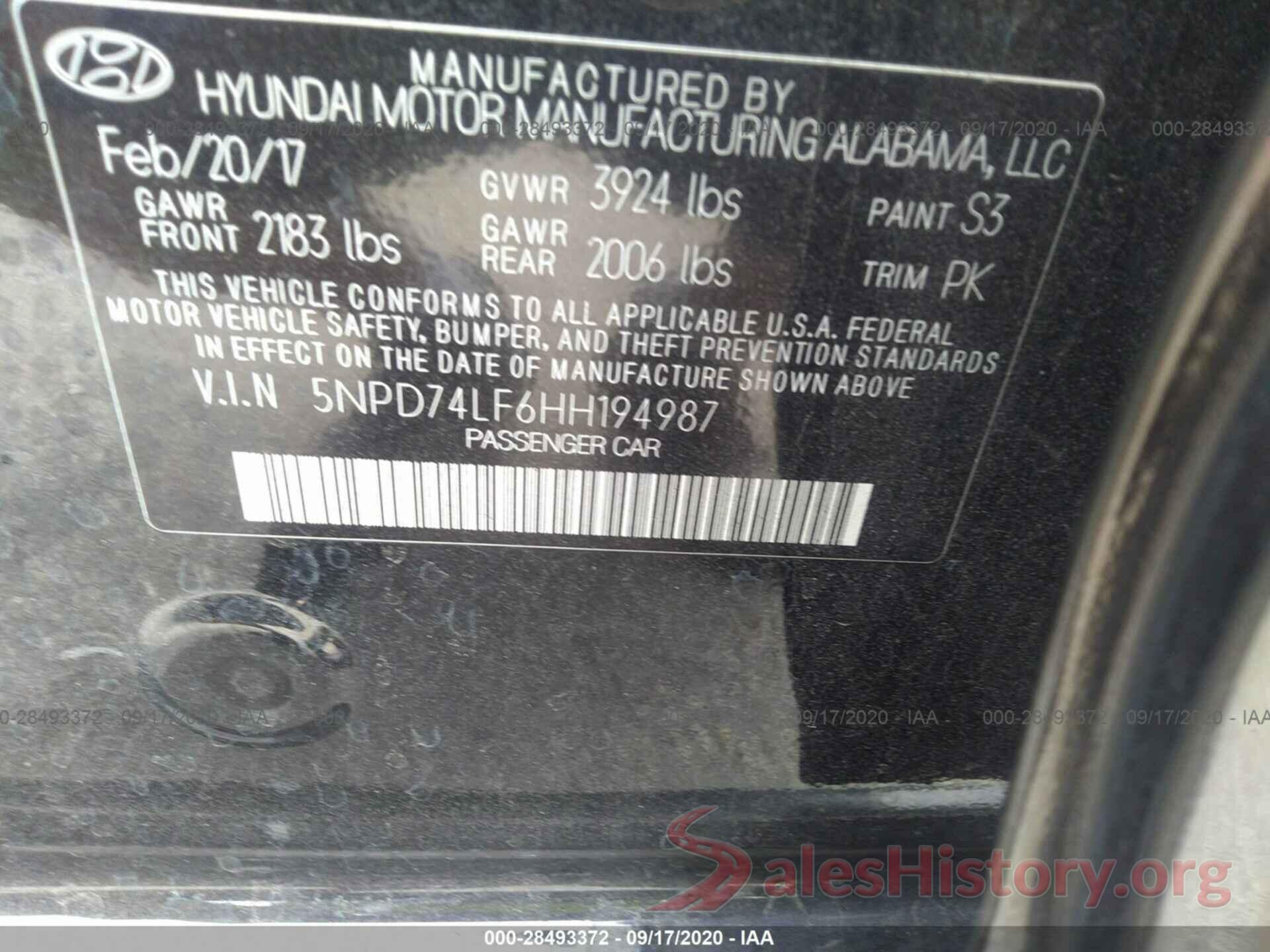 5NPD74LF6HH194987 2017 HYUNDAI ELANTRA