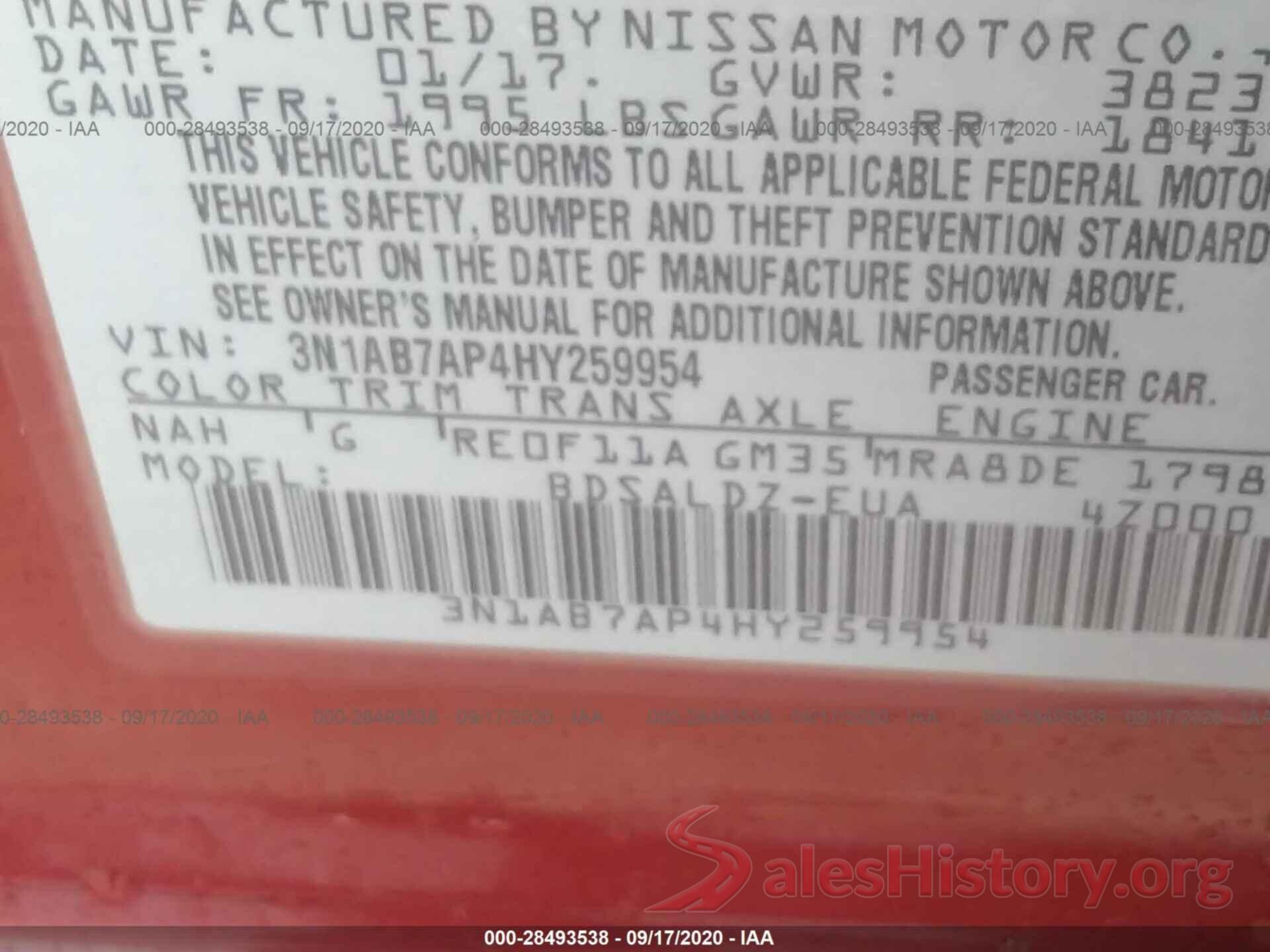 3N1AB7AP4HY259954 2017 NISSAN SENTRA