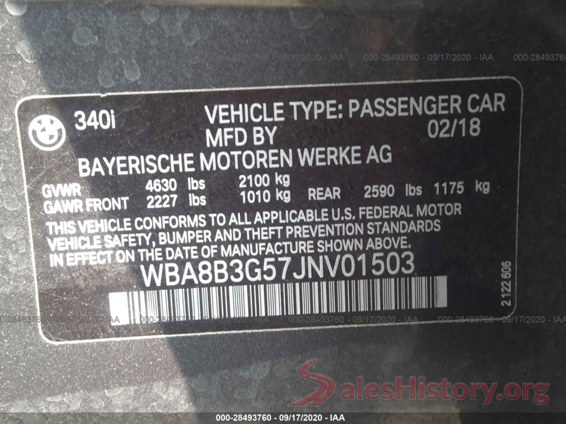 WBA8B3G57JNV01503 2018 BMW 3 SERIES