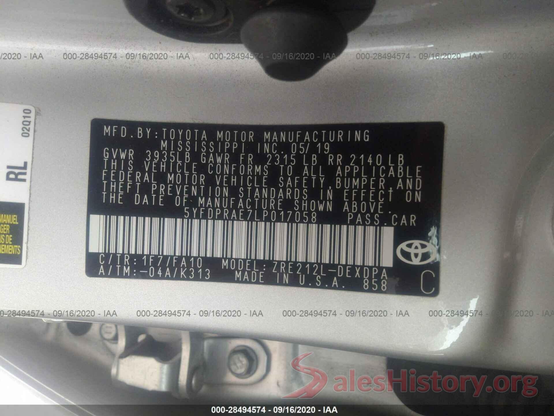 5YFDPRAE7LP017058 2020 TOYOTA COROLLA