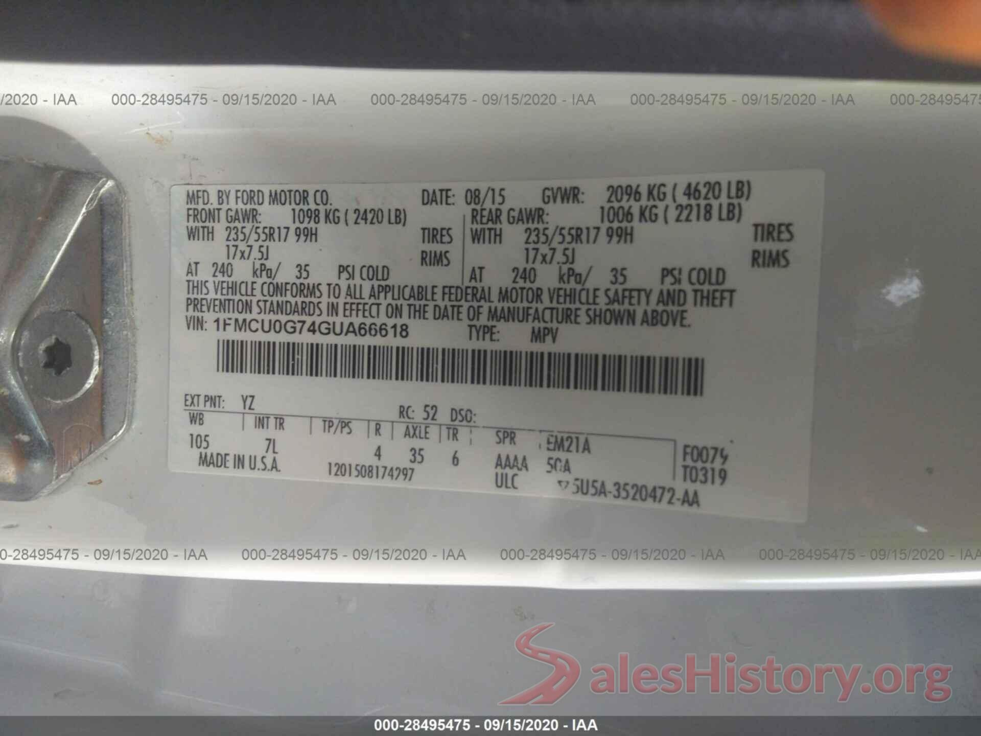 1FMCU0G74GUA66618 2016 FORD ESCAPE