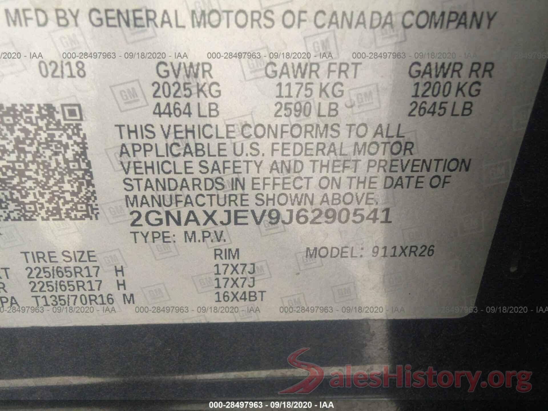 2GNAXJEV9J6290541 2018 CHEVROLET EQUINOX