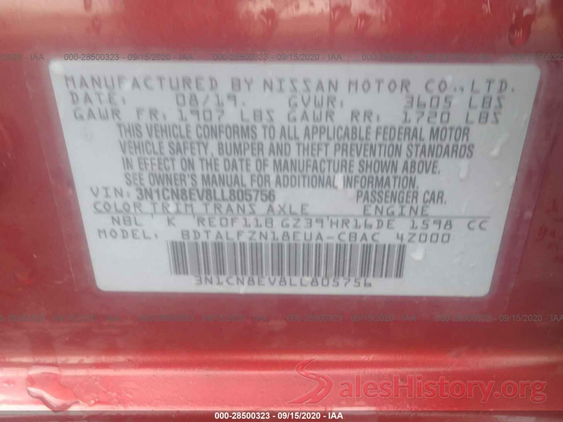 3N1CN8EV8LL805756 2020 NISSAN VERSA