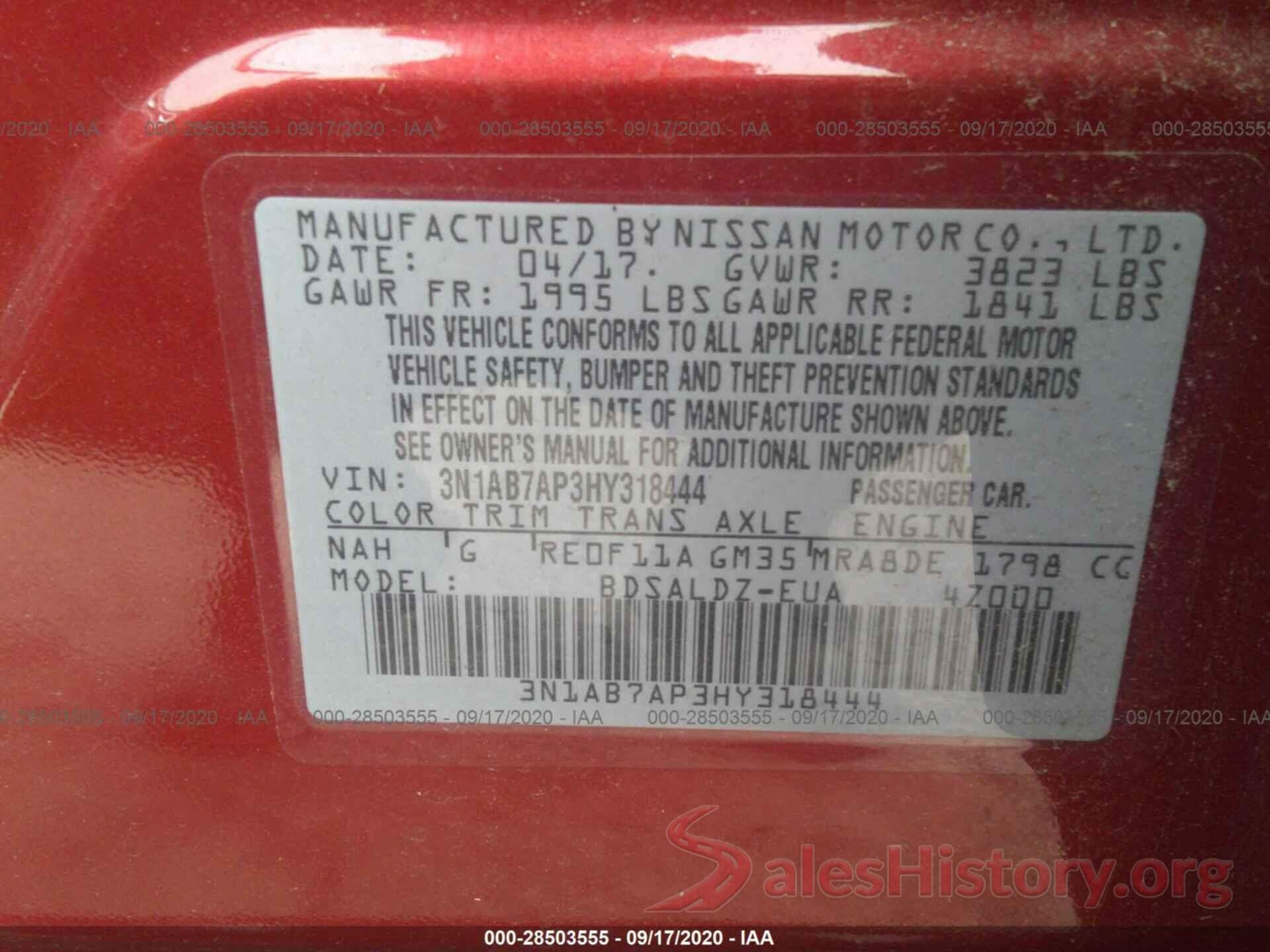 3N1AB7AP3HY318444 2017 NISSAN SENTRA