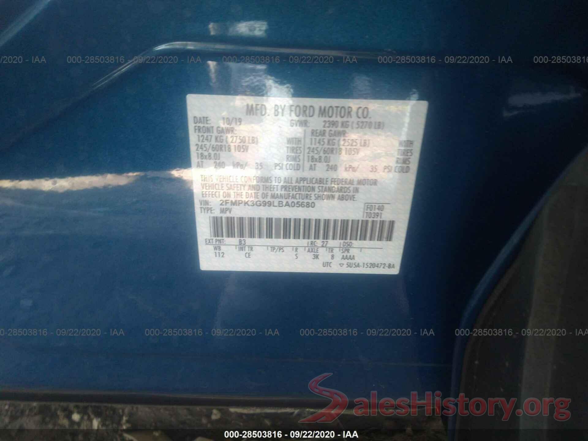 2FMPK3G99LBA05680 2020 FORD EDGE