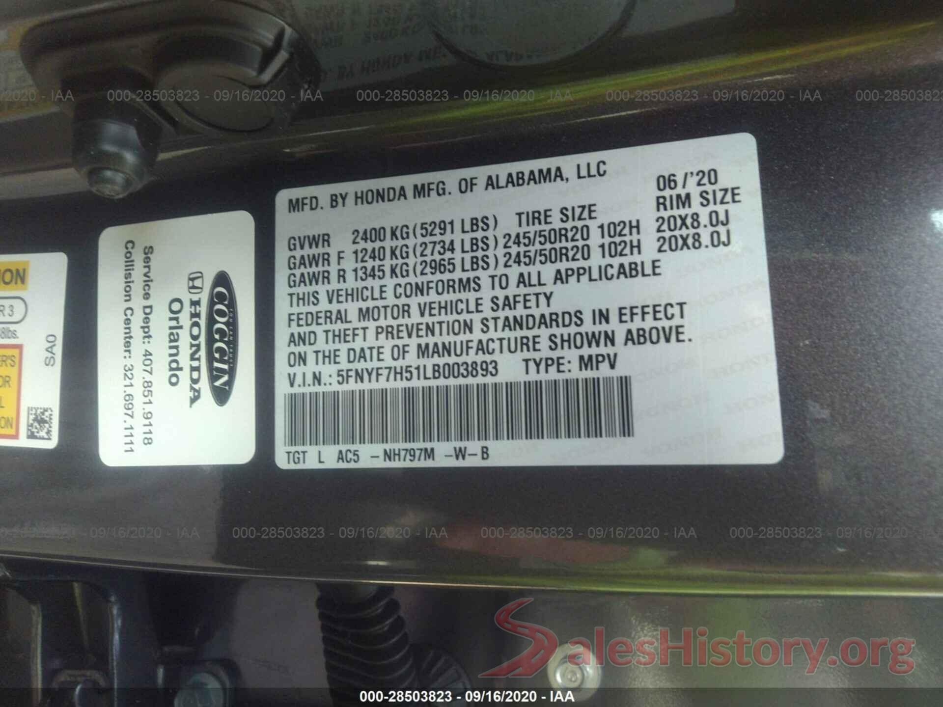 5FNYF7H51LB003893 2020 HONDA PASSPORT