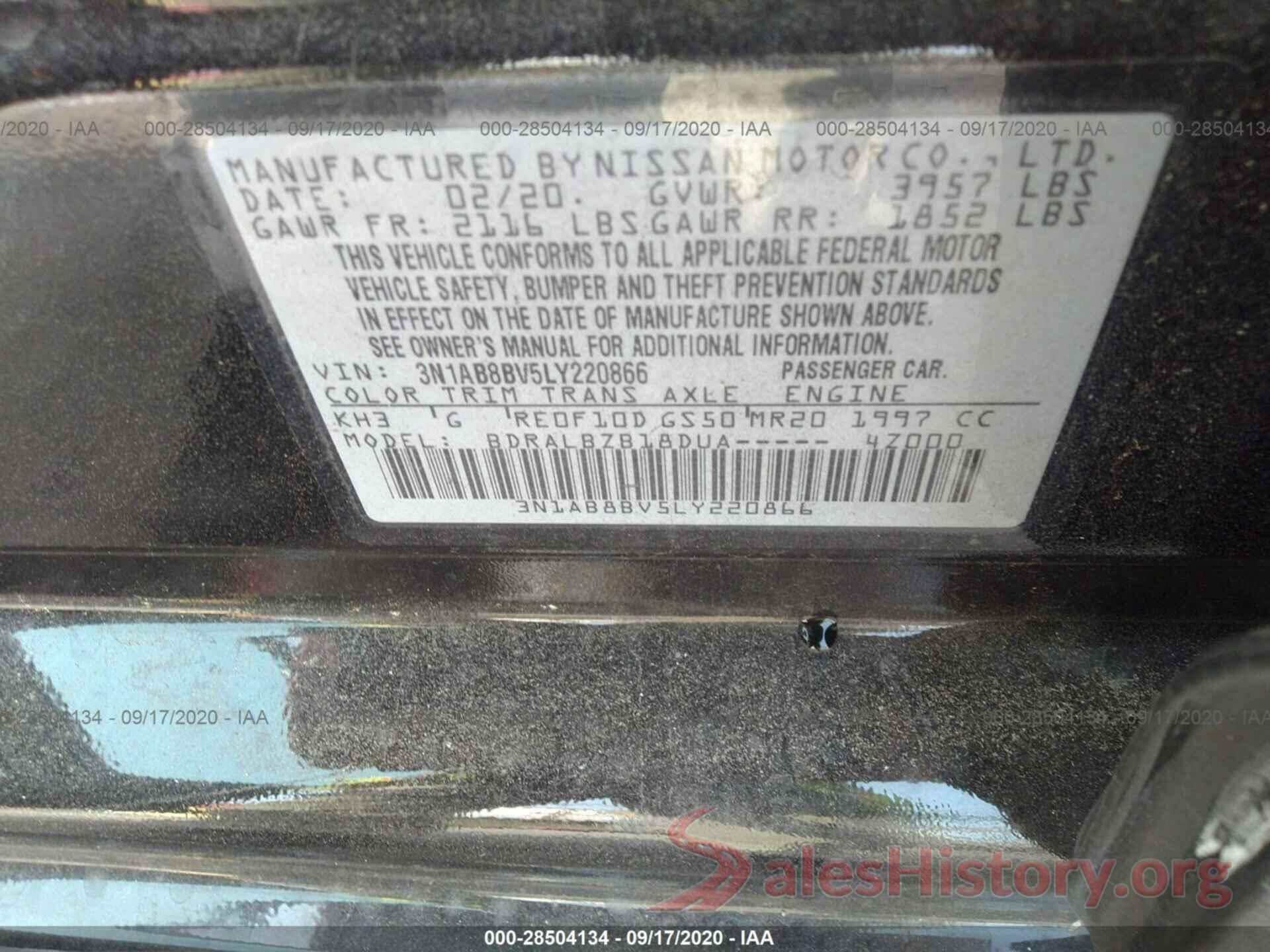 3N1AB8BV5LY220866 2020 NISSAN SENTRA