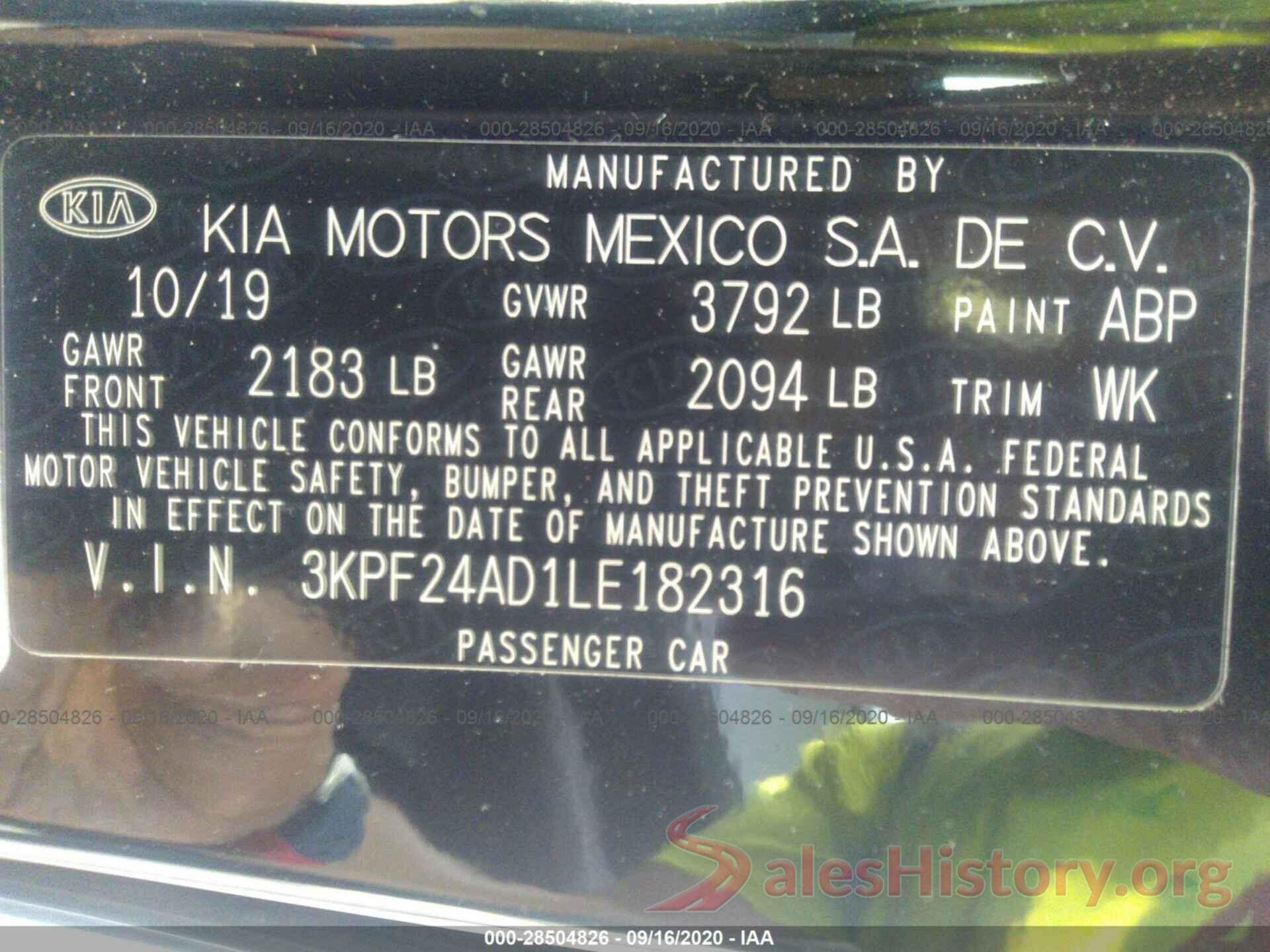 3KPF24AD1LE182316 2020 KIA FORTE