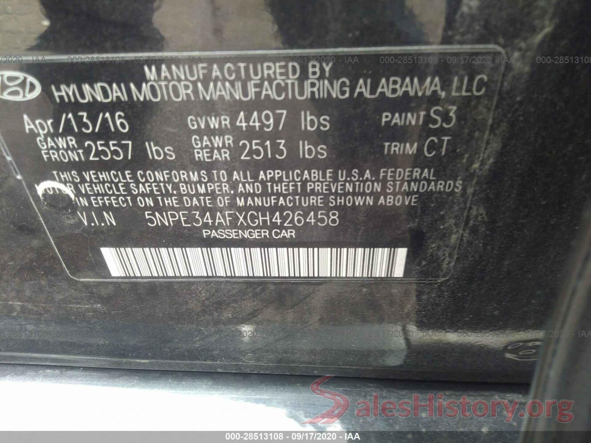 5NPE34AFXGH426458 2016 HYUNDAI SONATA