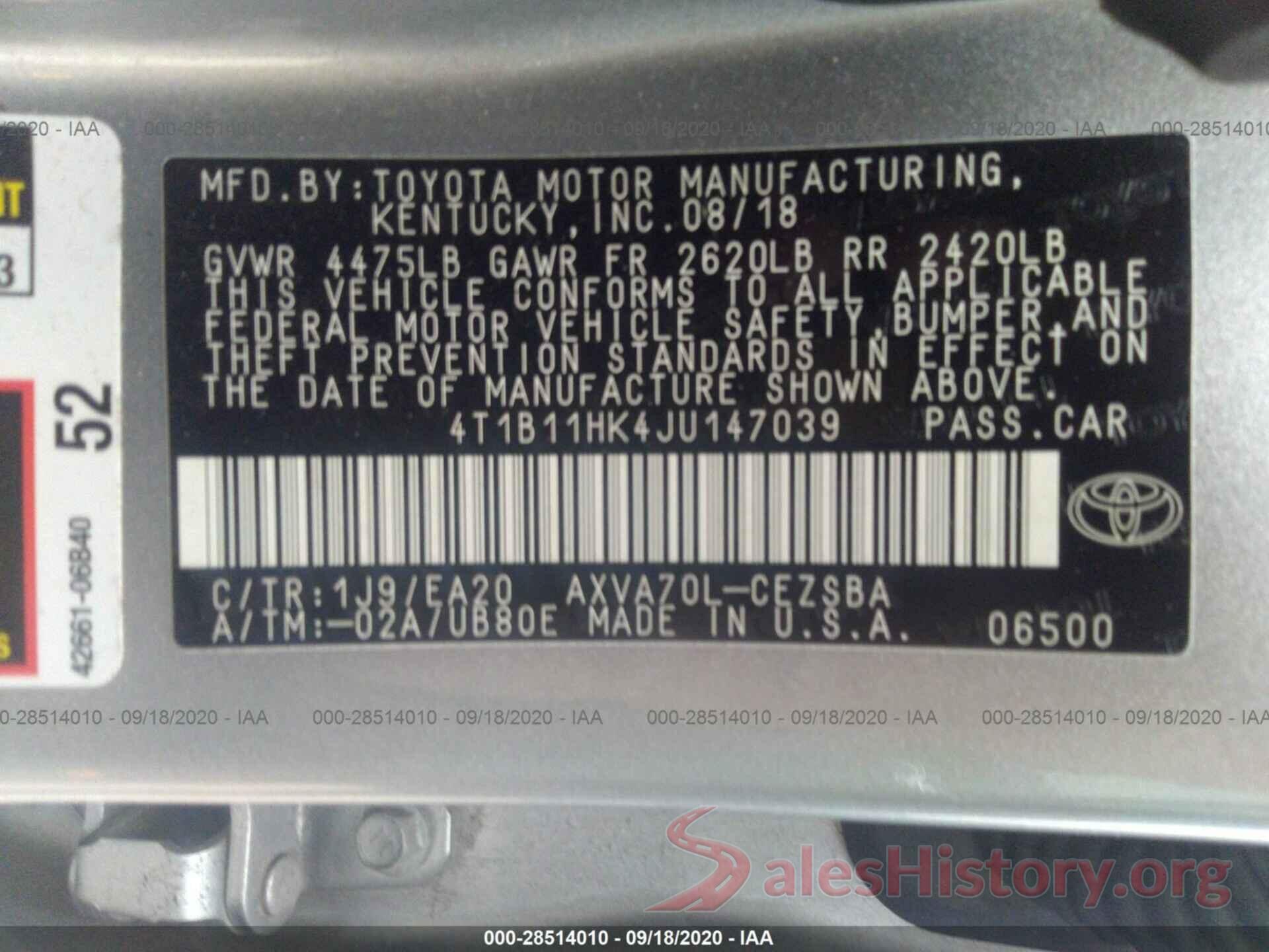 4T1B11HK4JU147039 2018 TOYOTA CAMRY