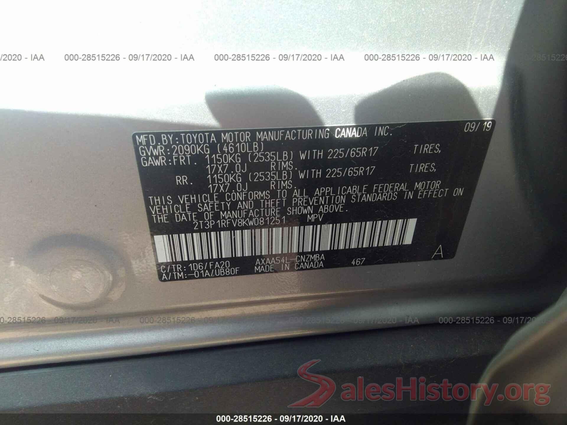 2T3P1RFV8KW081251 2019 TOYOTA RAV4