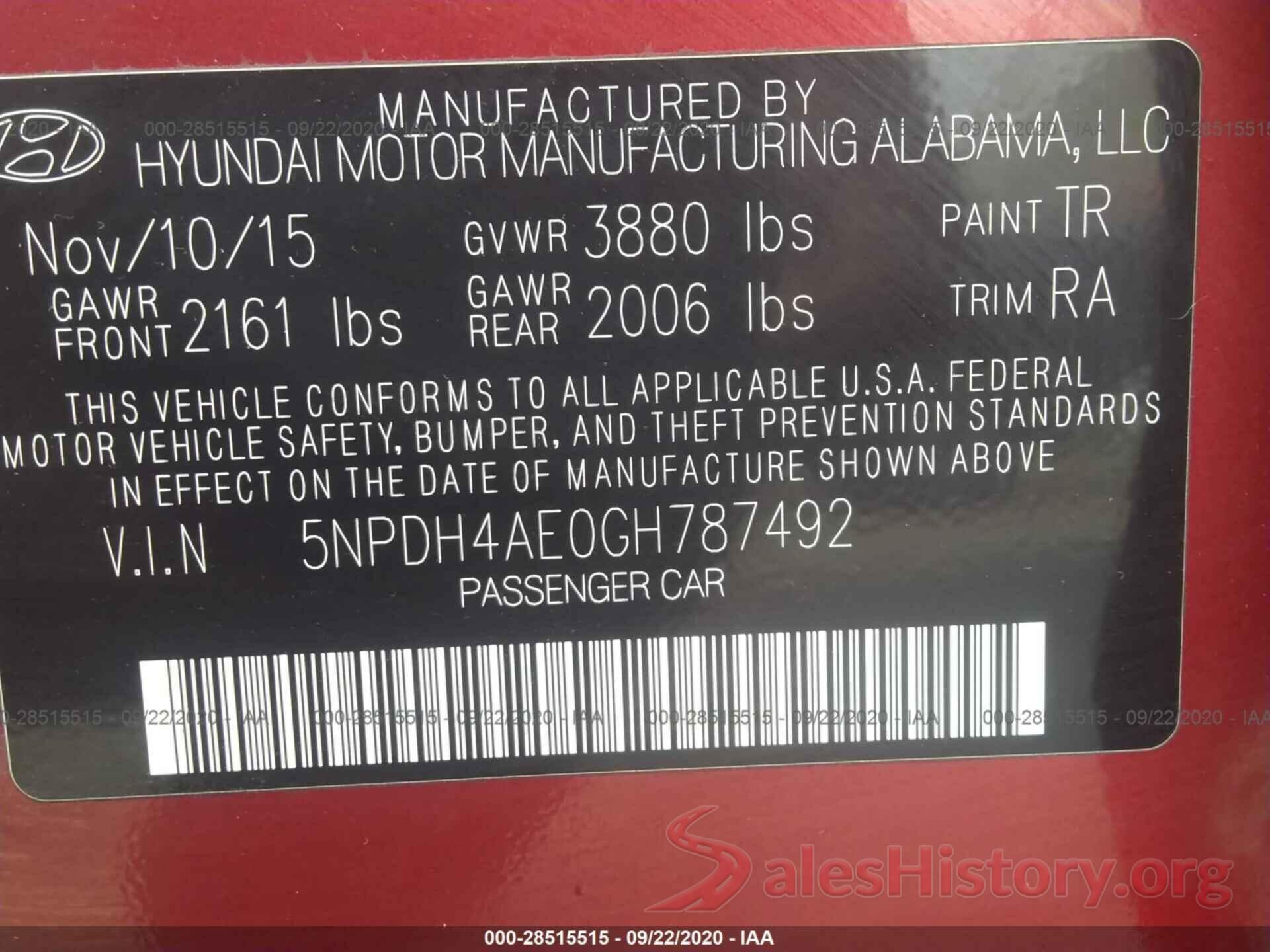 5NPDH4AE0GH787492 2016 HYUNDAI ELANTRA