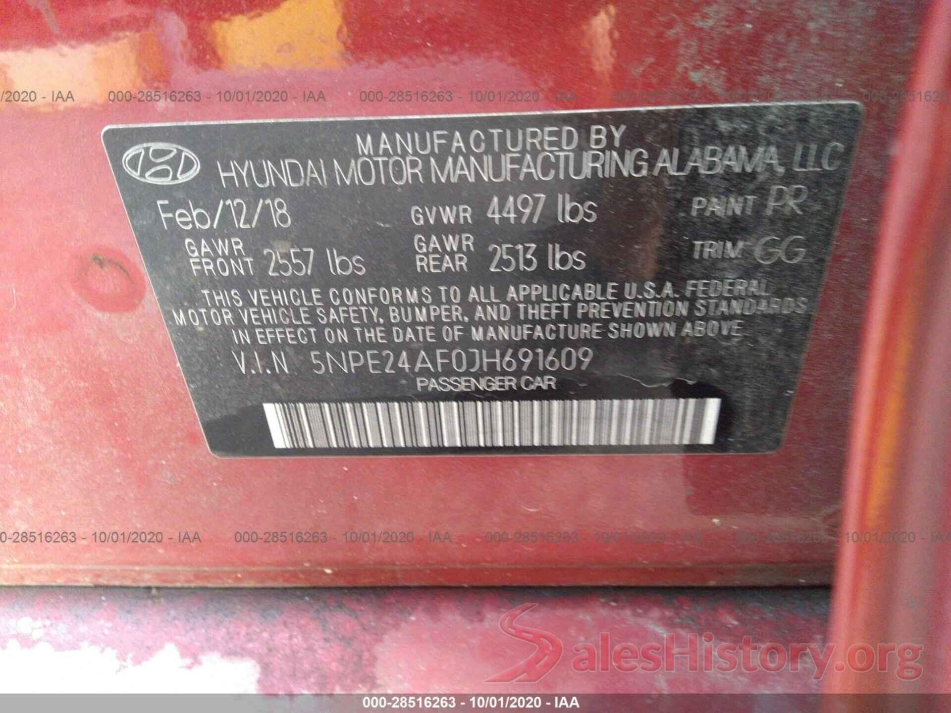 5NPE24AF0JH691609 2018 HYUNDAI SONATA