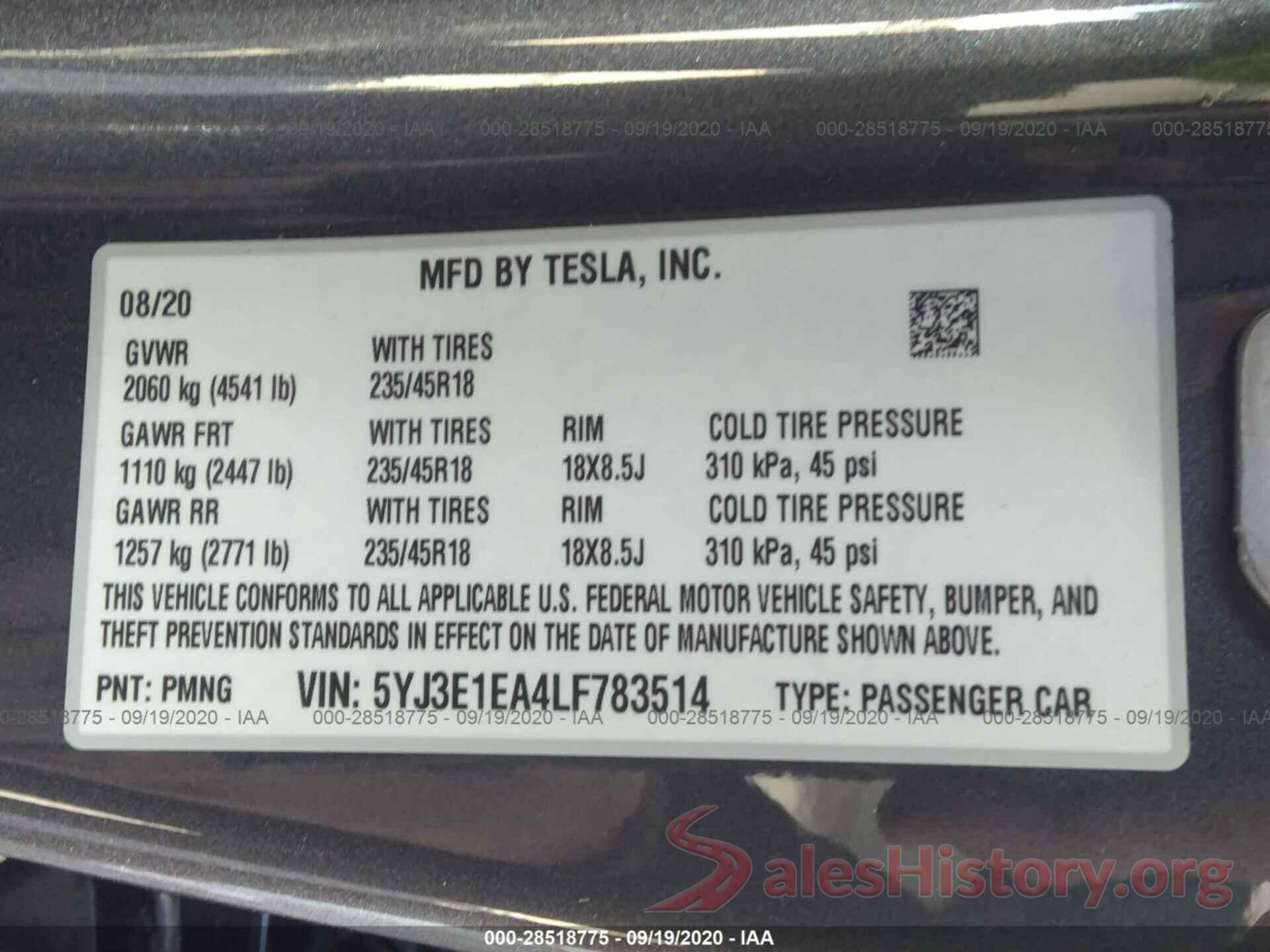 5YJ3E1EA4LF783514 2020 TESLA MODEL 3