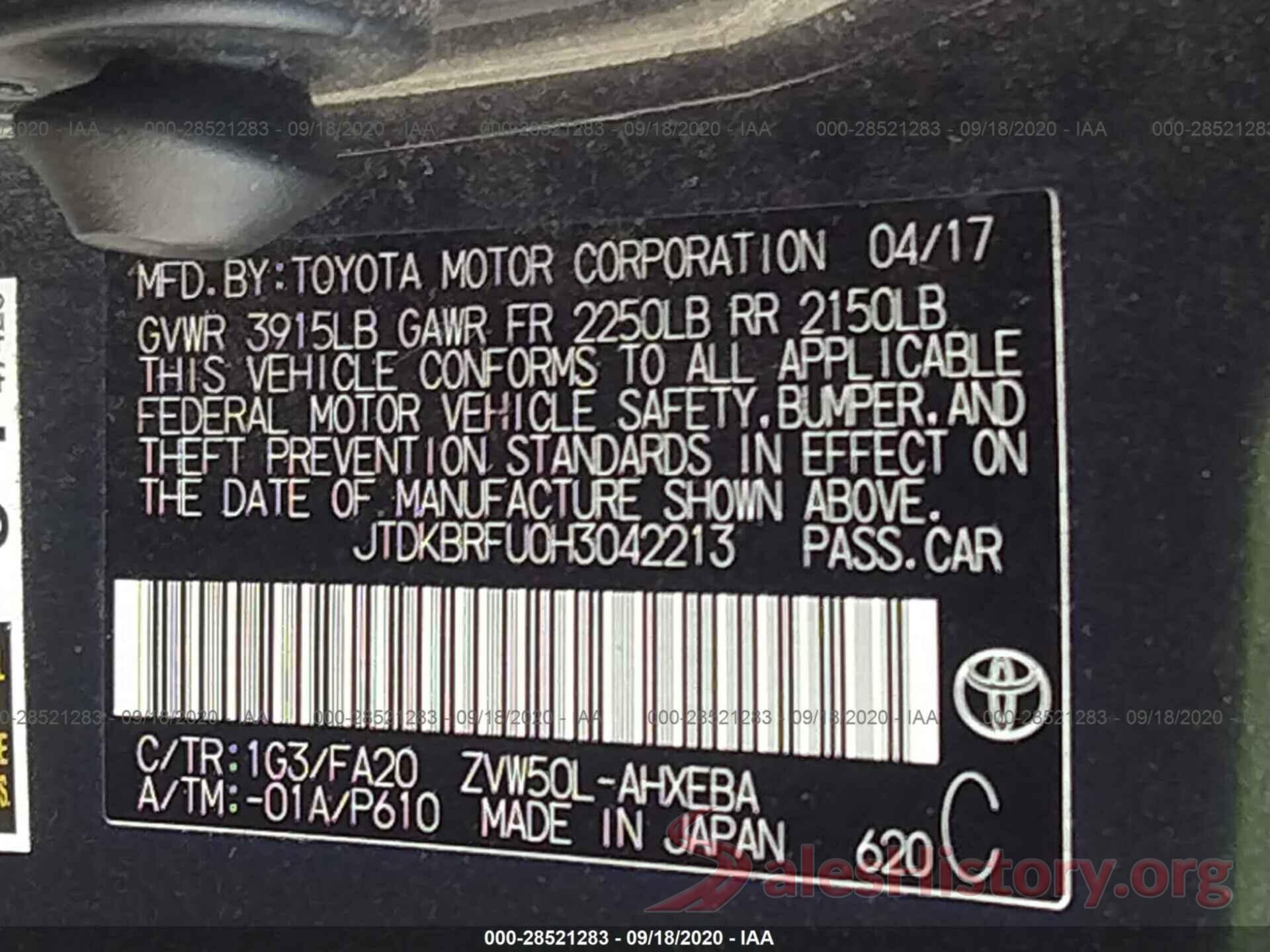 JTDKBRFU0H3042213 2017 TOYOTA PRIUS