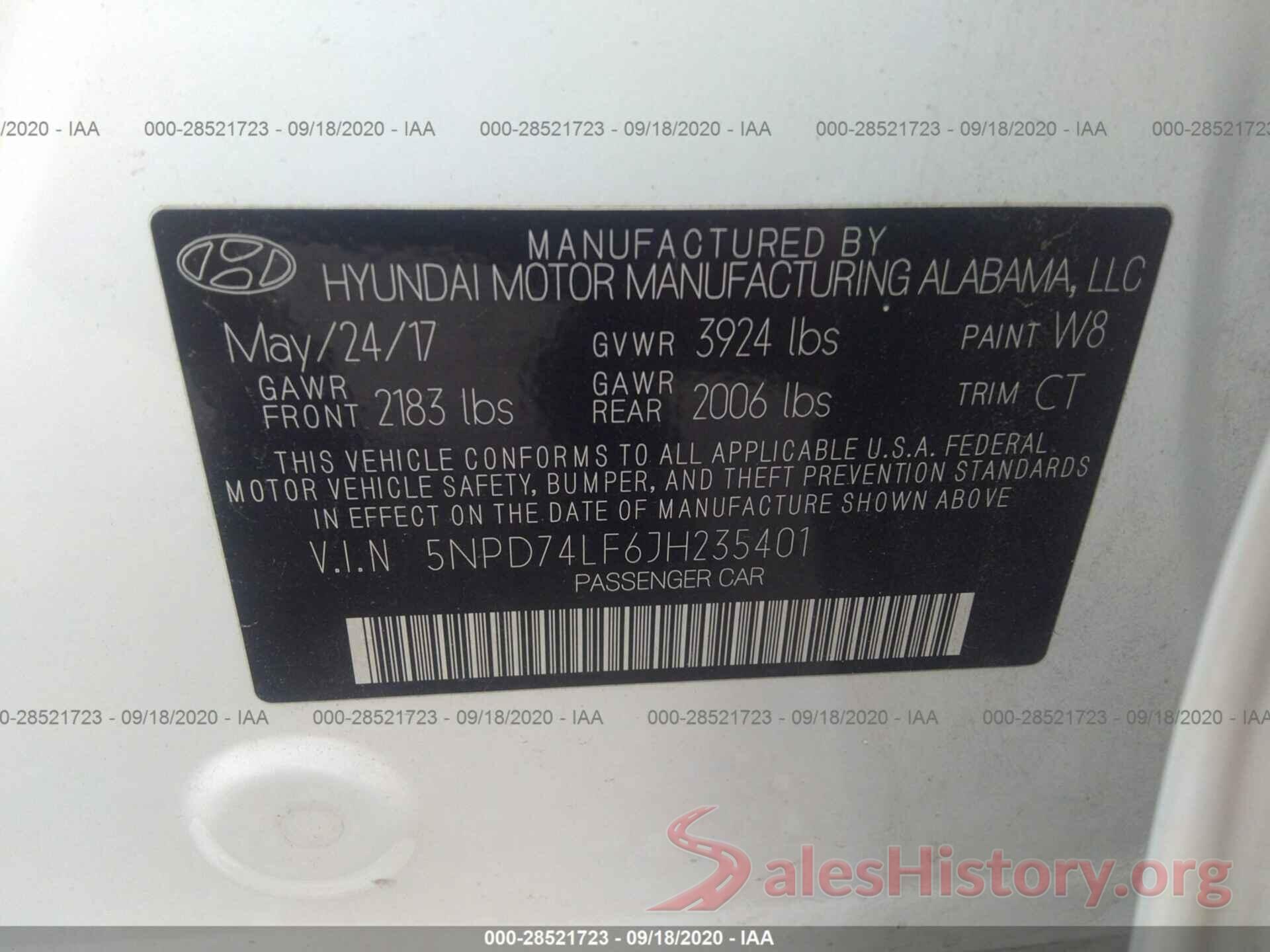 5NPD74LF6JH235401 2018 HYUNDAI ELANTRA