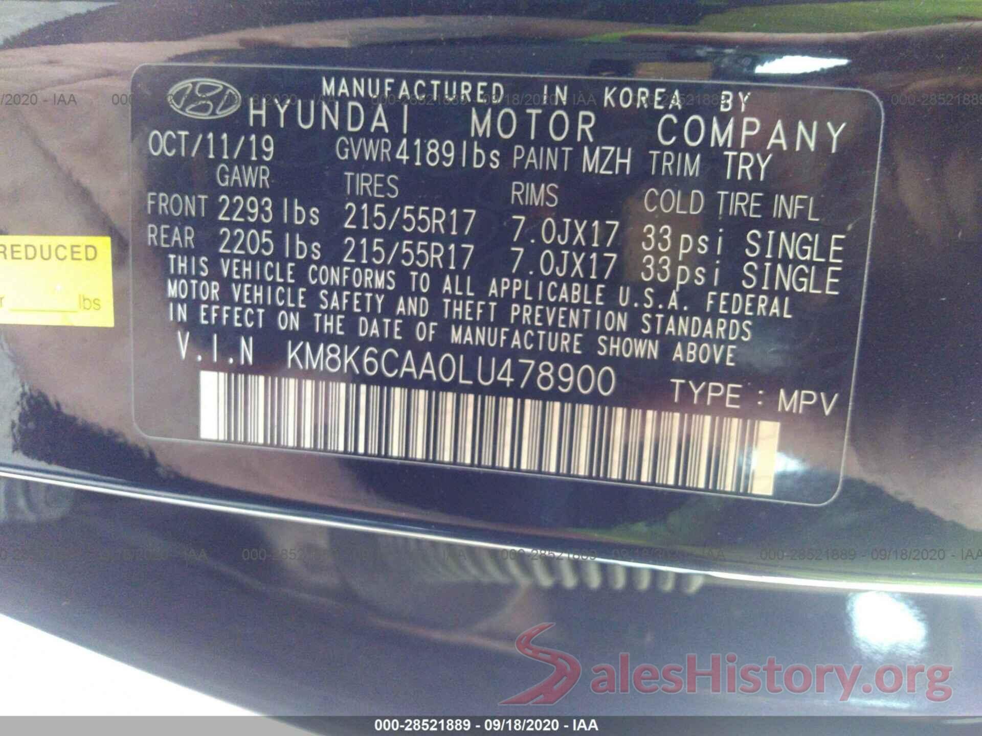 KM8K6CAA0LU478900 2020 HYUNDAI KONA