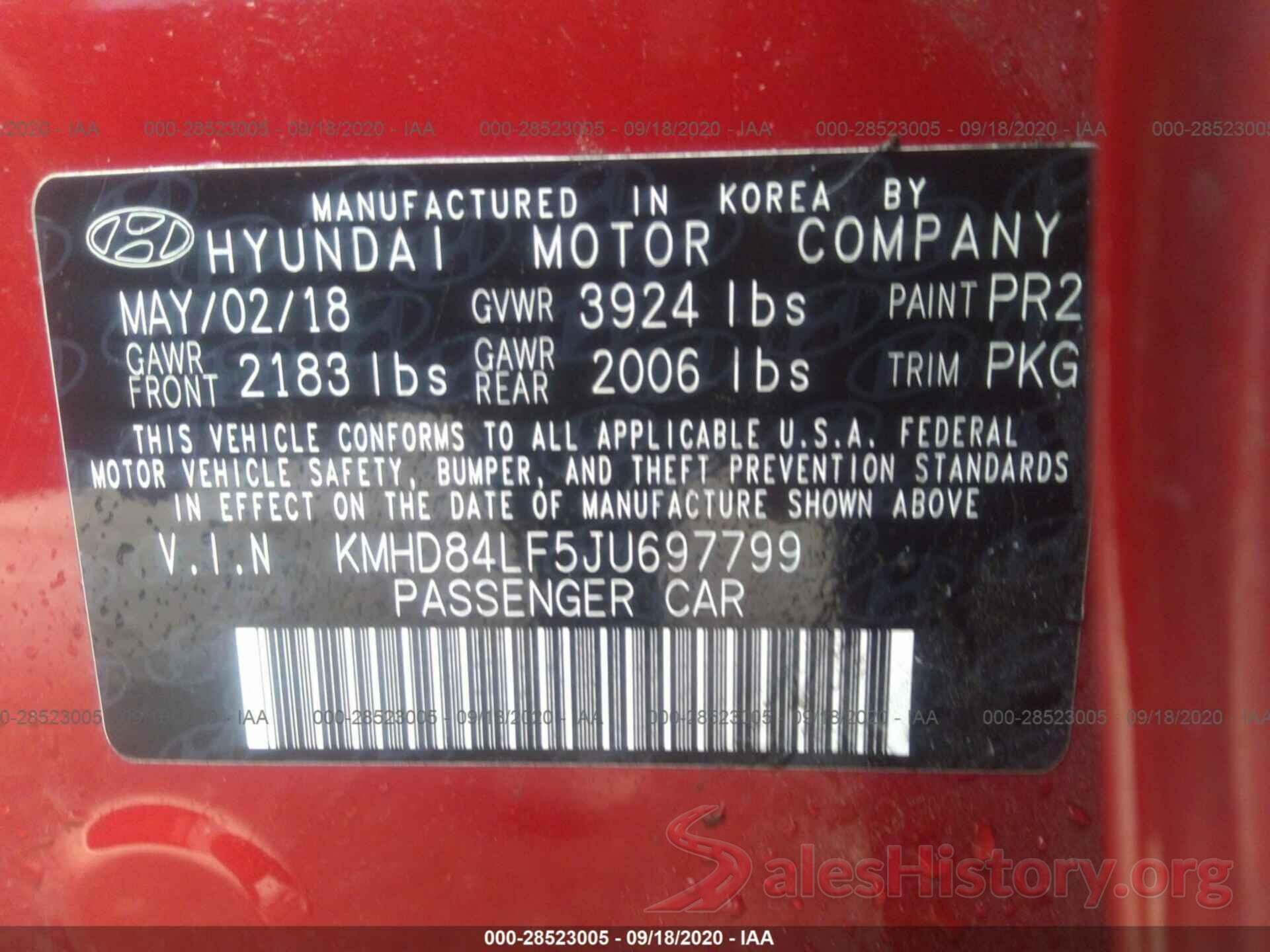 KMHD84LF5JU697799 2018 HYUNDAI ELANTRA