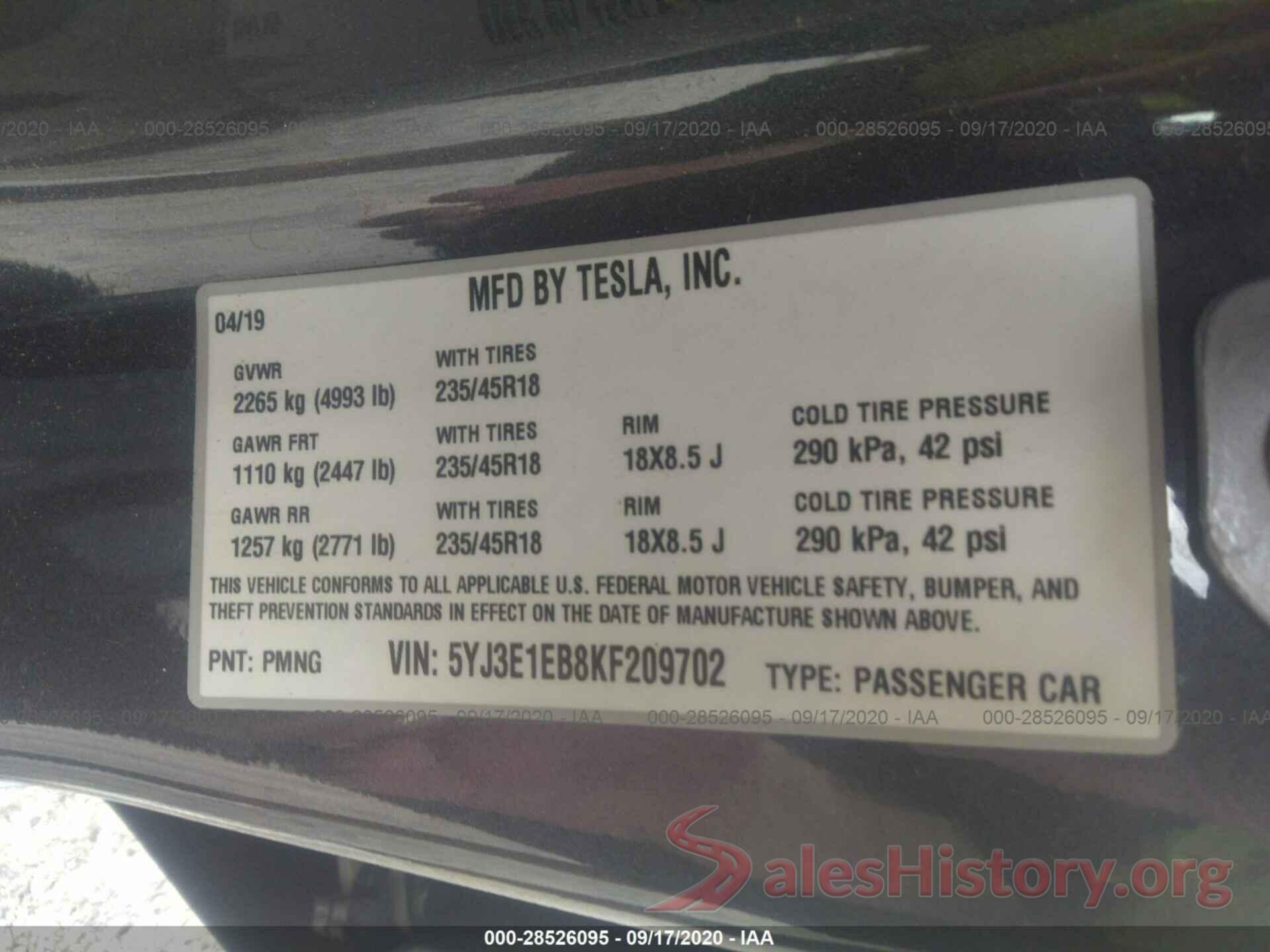 5YJ3E1EB8KF209702 2019 TESLA MODEL 3