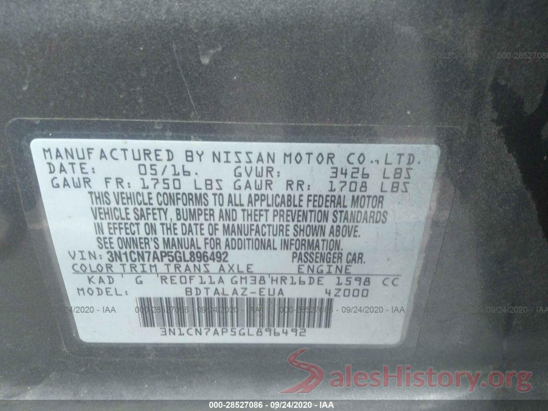 3N1CN7AP5GL896492 2016 NISSAN VERSA