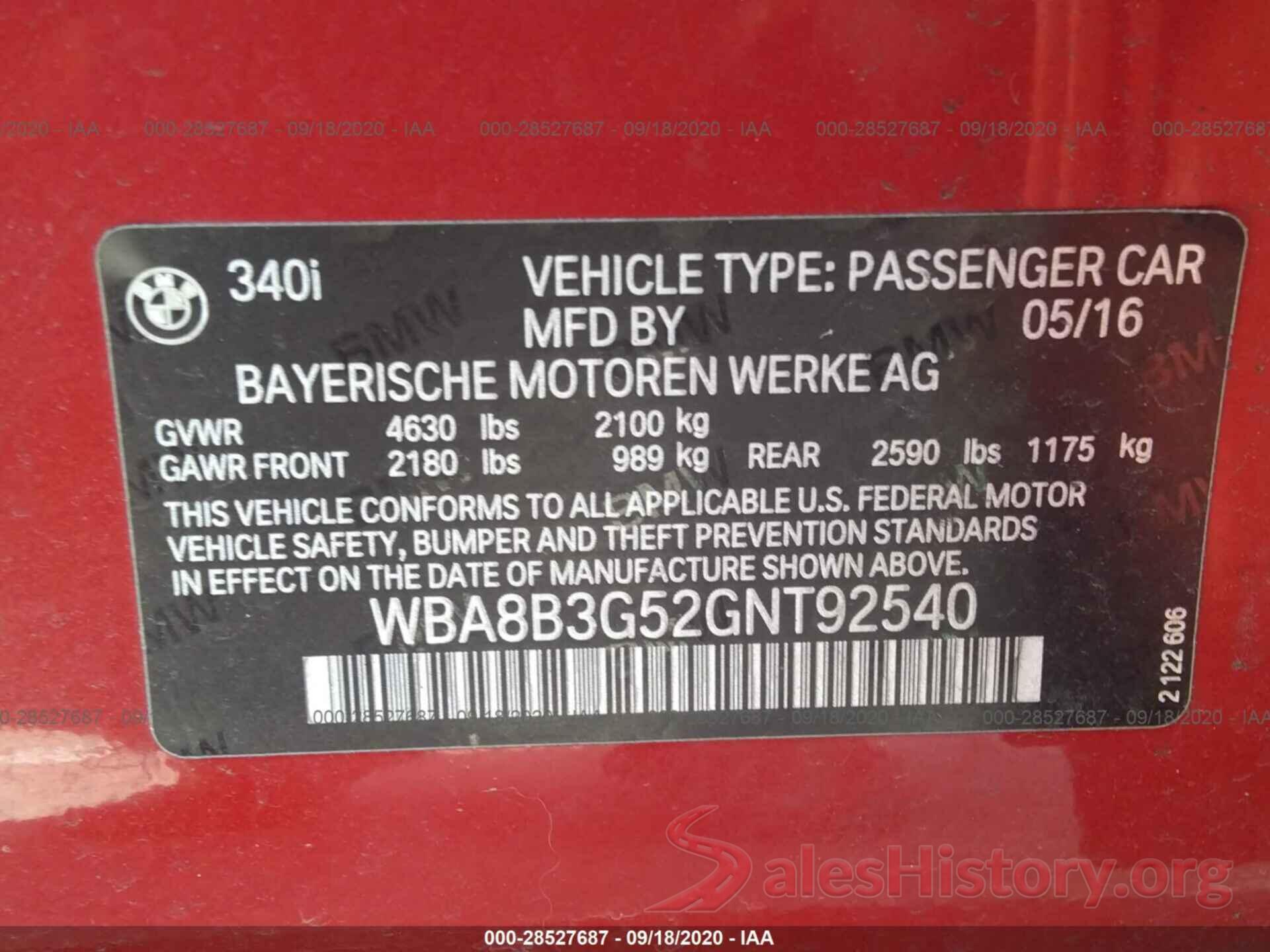 WBA8B3G52GNT92540 2016 BMW 3 SERIES