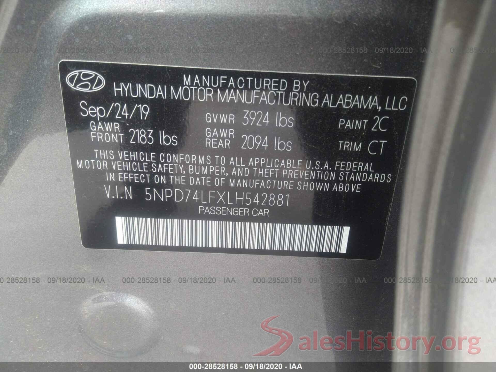 5NPD74LFXLH542881 2020 HYUNDAI ELANTRA