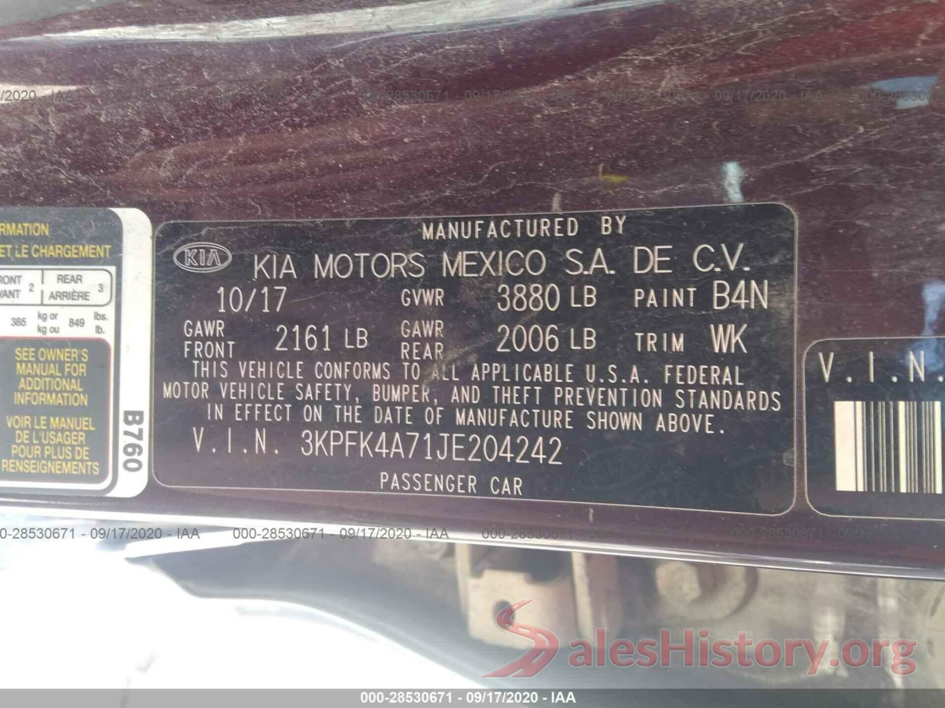 3KPFK4A71JE204242 2018 KIA FORTE