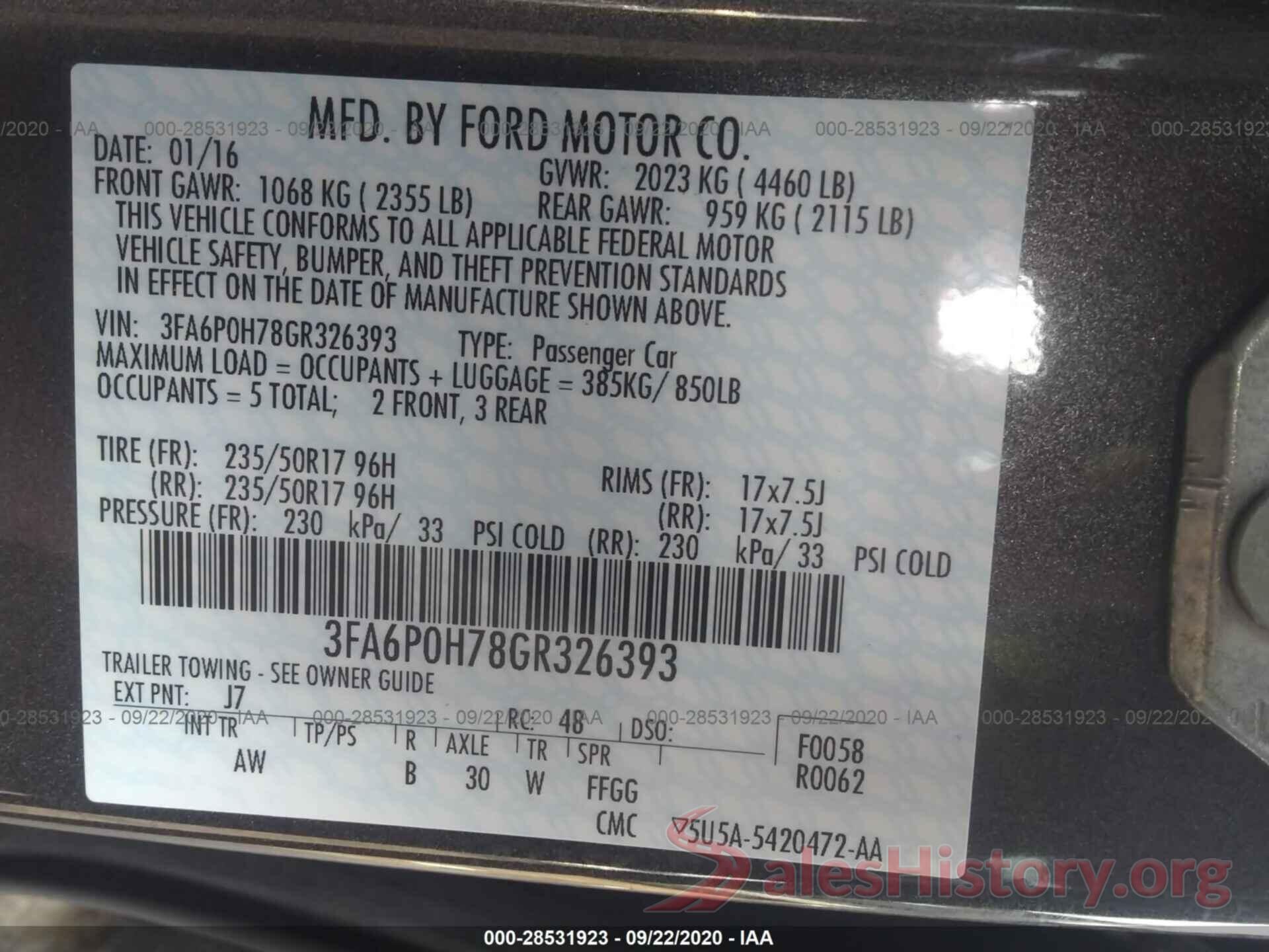 3FA6P0H78GR326393 2016 FORD FUSION