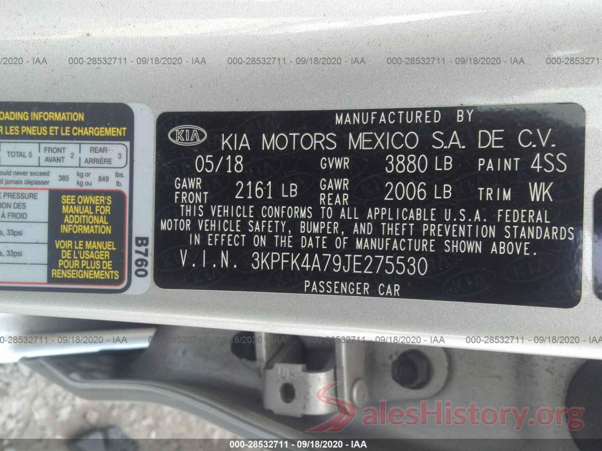 3KPFK4A79JE275530 2018 KIA FORTE